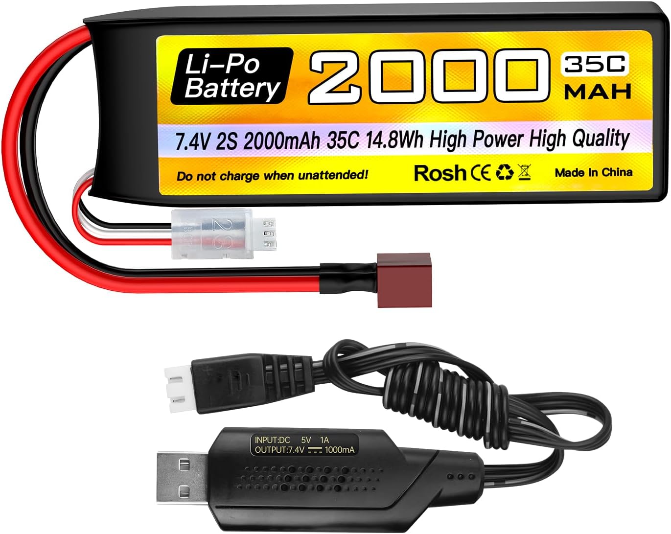 Fytoo 1PCS 2S Lipo Battery 7.4V 2000mAh 35C with T-Plug with USB Charging Cable for RC Car Truck Boat Quadcopter FPV Drone Battery