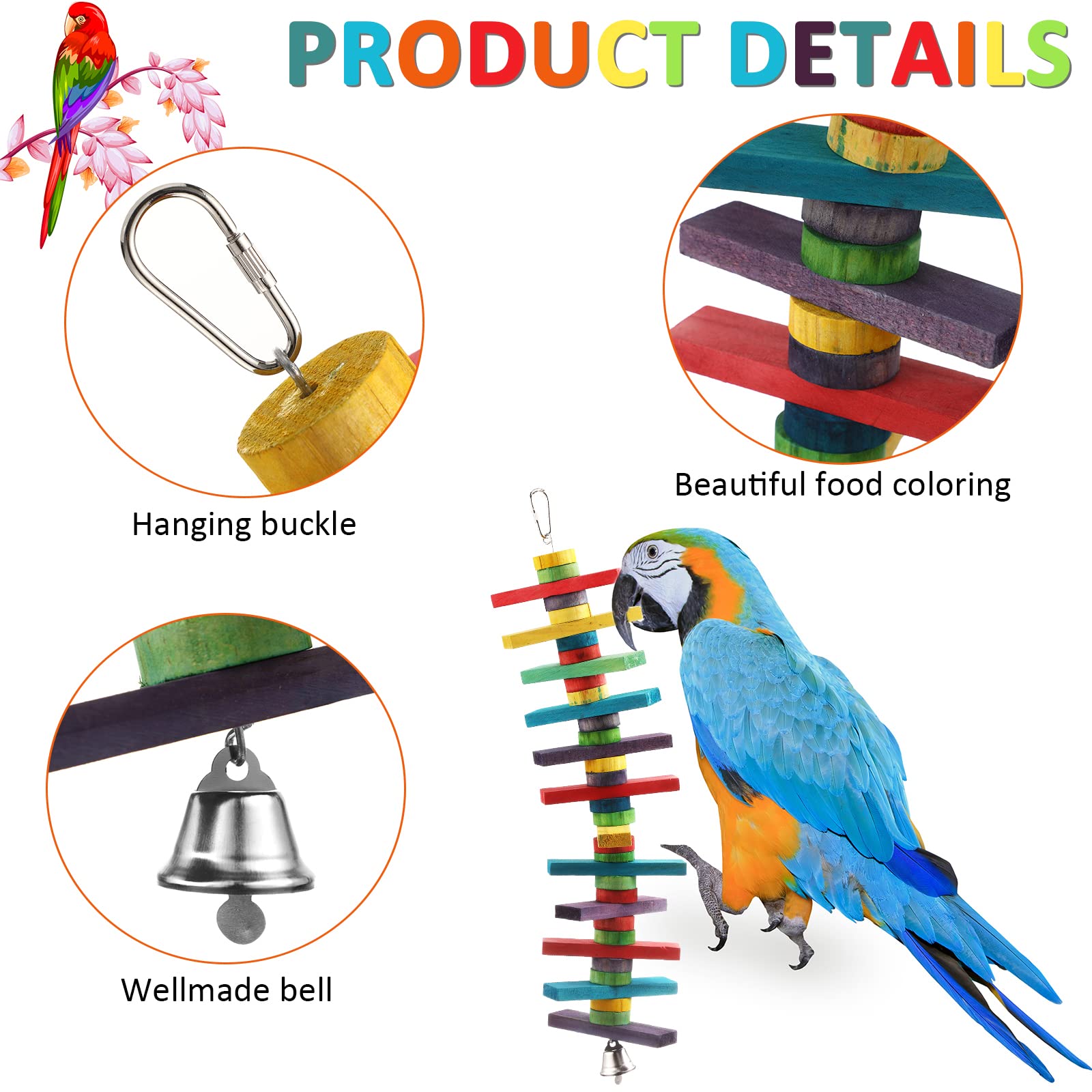 4 Pcs Bird Parrot Toys with Multicolored Natural Wood Blocks, Bird Chew Toys for Large Medium Parrots Macaws Lovebirds Doves Cockatiels Conures Parakeets Chewing Biting Foraging, 2 Designs - image 4