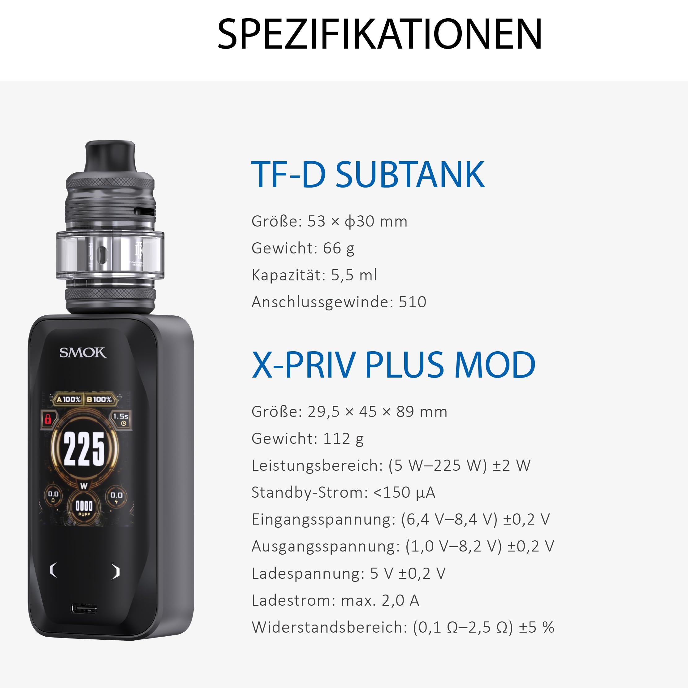 SMOK X-Priv Plus Mod Kit 225W TF-D Tank 5,5 ml 2x18650 ohne Akkus Schwarz
