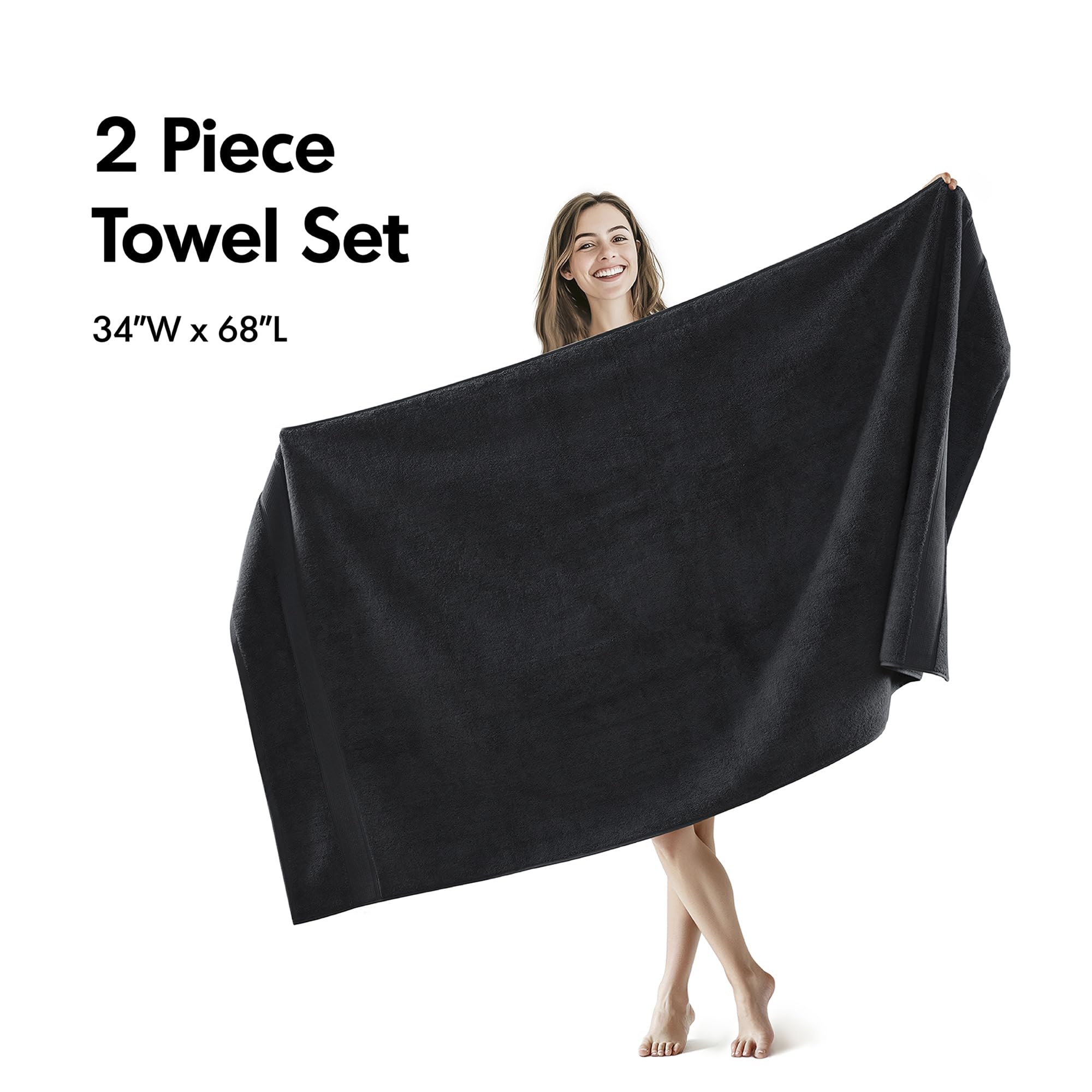 Madison Park Signature Lot de 2 Serviettes de Bain luxueuses, 100% Coton, 800 g/m², très absorbantes, séchage Rapide, qualité hôtelière et Spa, pour Salle de Bain, 86,4 x 172,7 cm, Noir