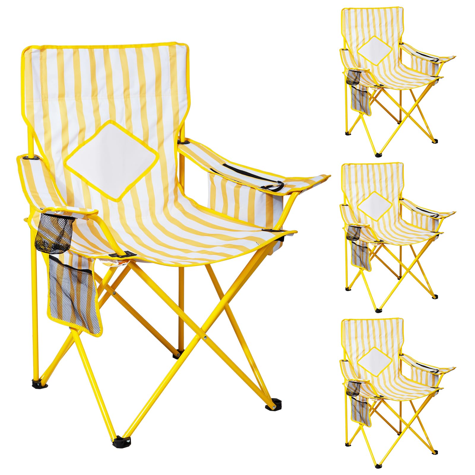 Nazhura 4 Pack Outdoor Camping Chairs Folding/Foldable/Portable with Cooler Pouch, Mesh Backrest and Cup Holder Pocket (Yellow, Metal, 4 Pack)