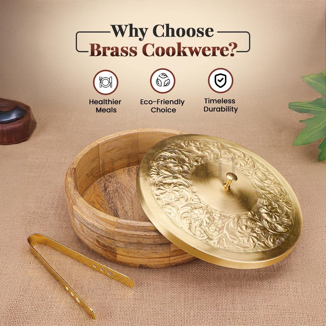 Artarium Handcrafted Premium Wooden Brass Roti Box With Lid Insulated Traditional Chapati Box Container Hotcase With Brass Tongs Durable Vintage Roti Dabba Hot Pots For Kitchen Dining (34x34x8.4) 4