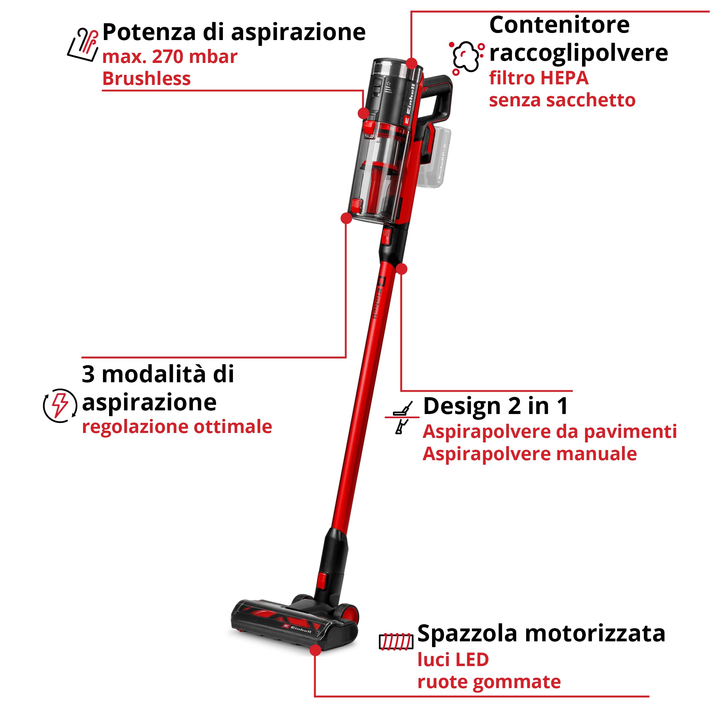 Einhell aspirapolvere senza filo TE-SV 18/270 Li E BL-Solo PXC (18 V, Brushless, 270 mbar, senza sacchetto, 3 velocità, sistema filtraggio triplo, incl. accessori, senza batteria)