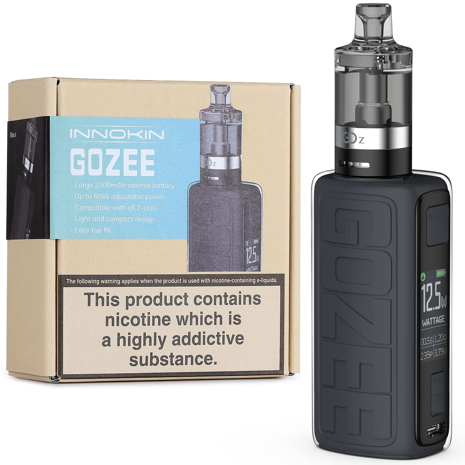 INNOKIN GOZEE Vape Starter Kit, 2100mAh E-Cigarette Box Mod, AMZ UK 2ml No Nicotine - Black