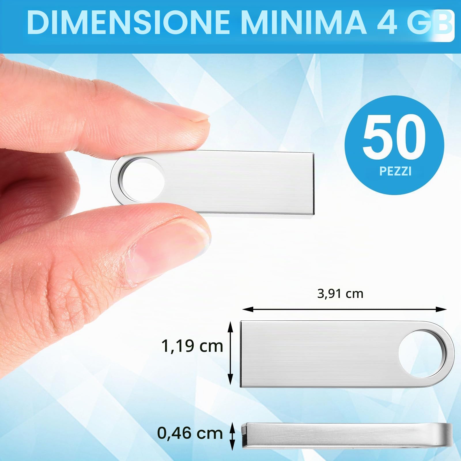 Confezione da 50 chiavette USB 2.0, impermeabili, design in lega di zinco, per PC, computer, laptop, ufficio, scuola, archiviazione dati, argento (4 GB)
