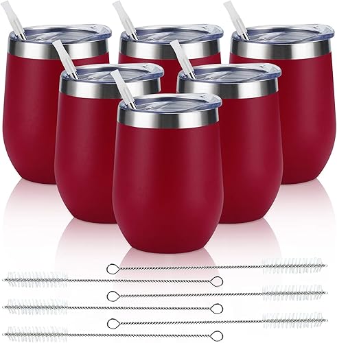Vaso de vino de acero inoxidable de 12 oz, doble pared con aislamiento al vacío con tapa y pajita, vaso de vino sin tallo de acero inoxidable para