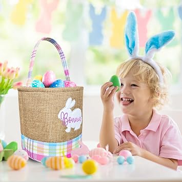 Personalized Easter Basket for Boys and Girls, Embroidered Bunny Egg-hunt Basket with Custom Name, Soft Fillable Gift Bakset, First Easter, Plaid Cloth and Straw, 9, Blue Pink