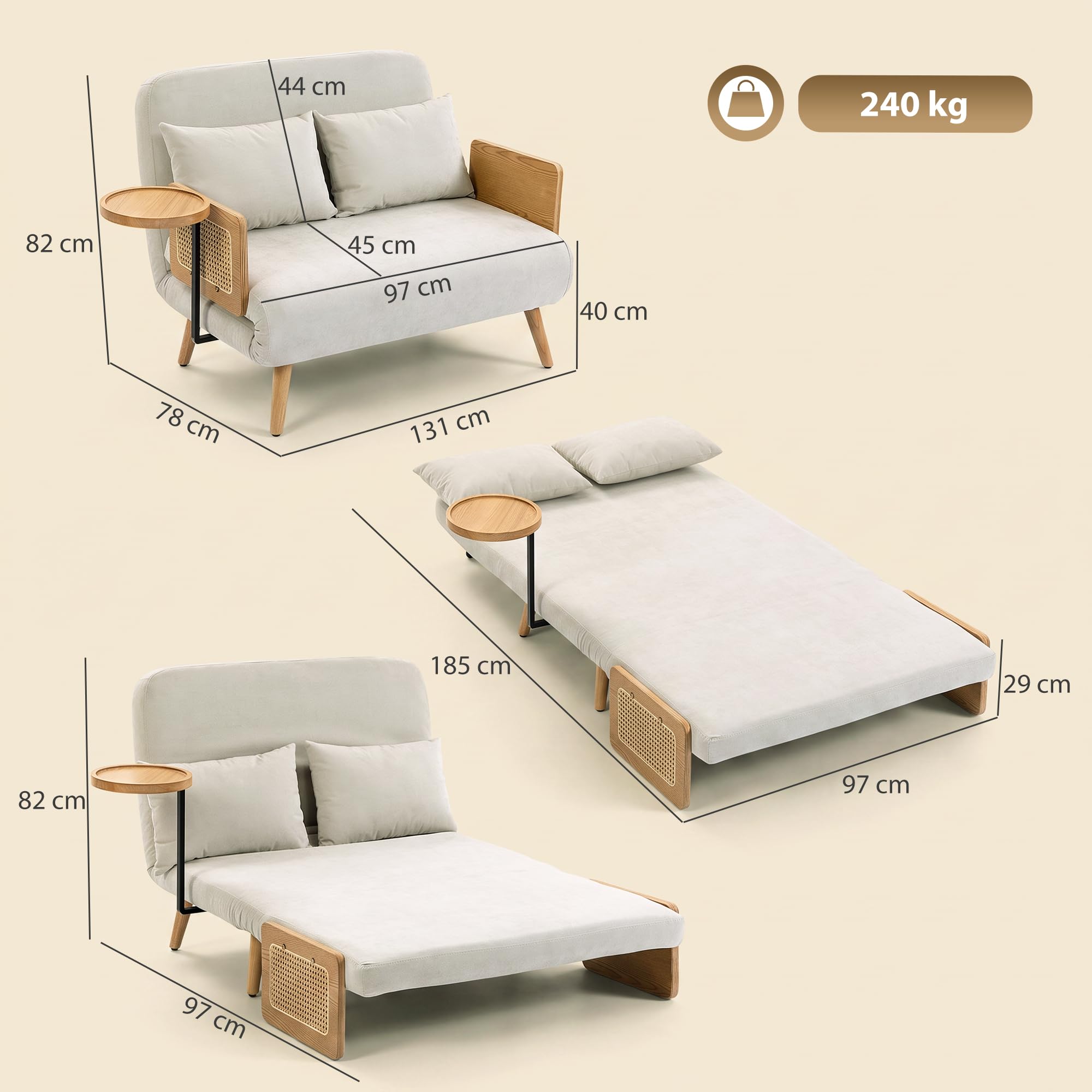HOMCOM Sofá Cama 2 Plazas Convertible 3 en 1 131x78x82 cm Blanco Crema | Sofá Cama Plegable, Tapizado Chenilla, Respaldo Ajustable, Mesa Lateral de Madera, 2 Almohadas con Funda Lavable
