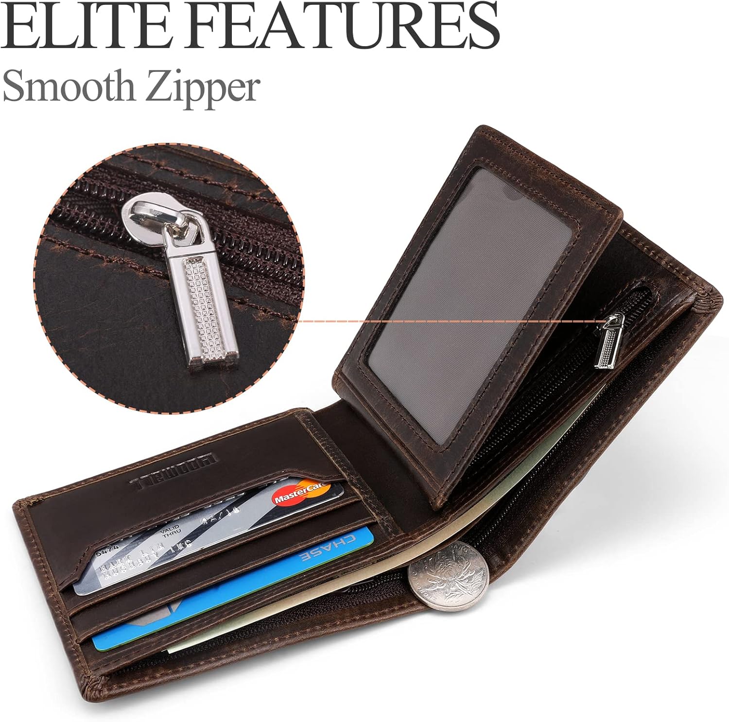 LYOOMALL Wallet for Men, Large Capacity Genuine Leather RFID Blocking Bifold Wallet/Credit Card Holder for Men, with Coin Pocket, Zipper Cash Pocket, ID Window and 10 Card Slots - Image 3