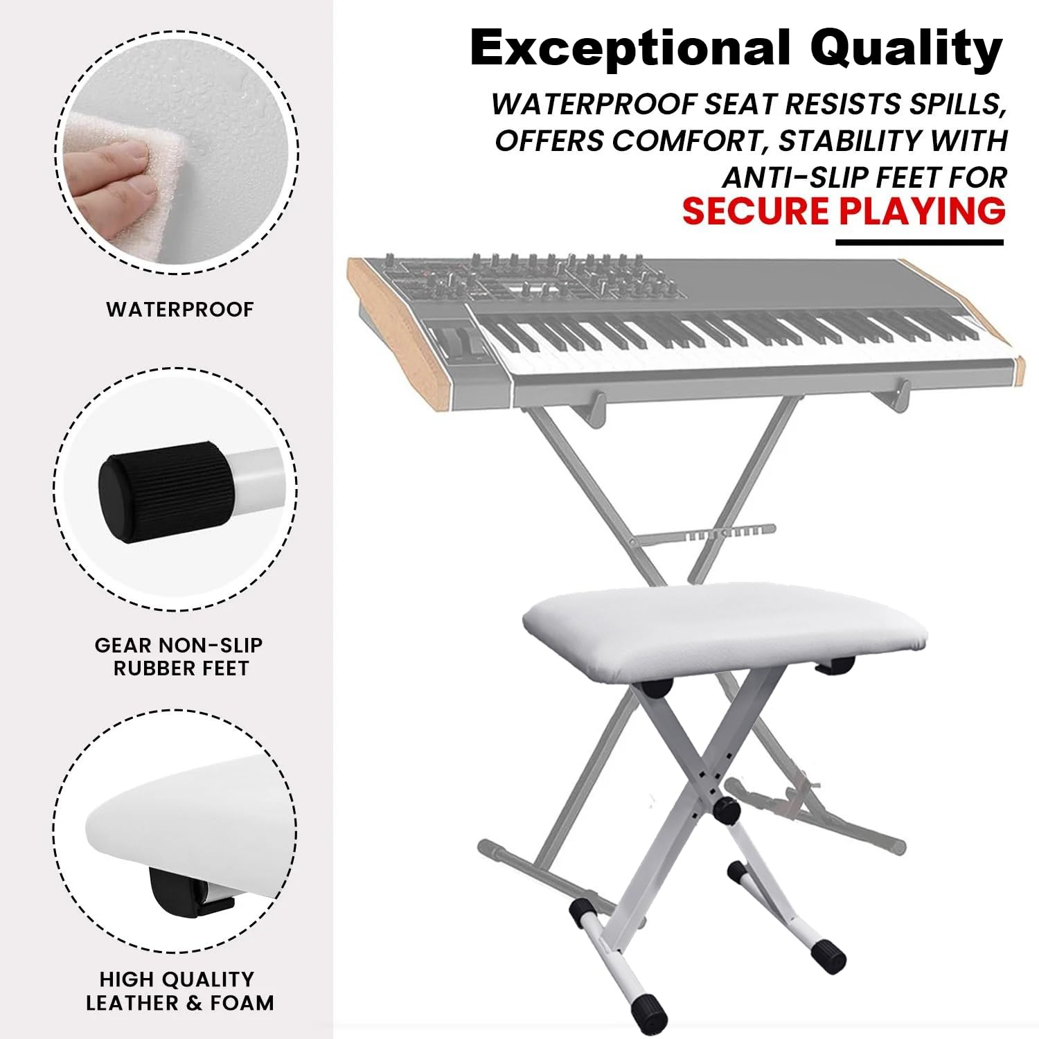 Keyboard Ständer mit Keyboard hocker,Zusammenklappbar Piano Ständer Set,X-Keyboardständer mit 7-Fach Höhenverstellbar & Klavierhocker mit 4-Fach Höhenverstellbar,Doppelrohrverstärkt,Für E-Piano(Weiß)