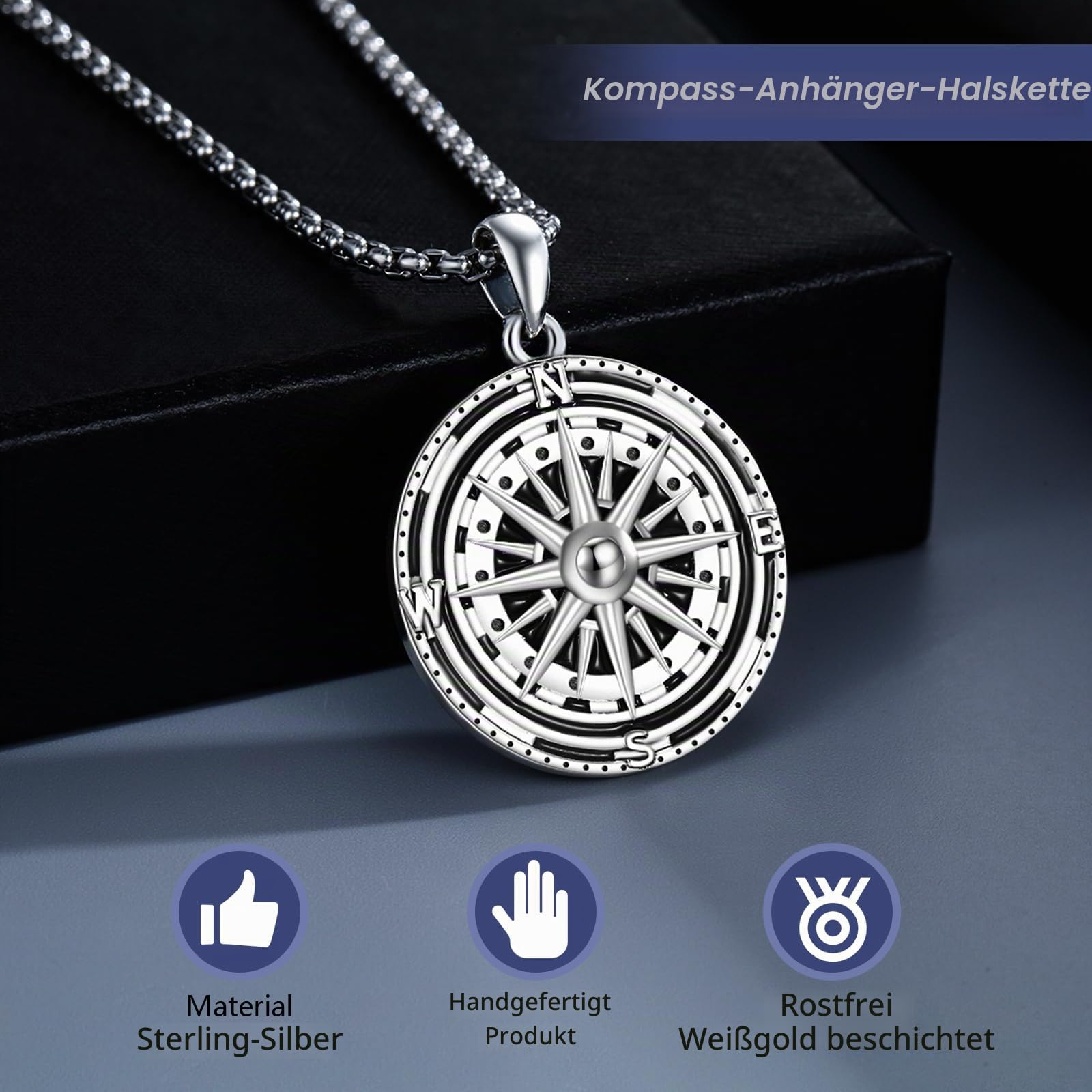 Kompass Halskette 925 Sterling Silber für Damen und Herren