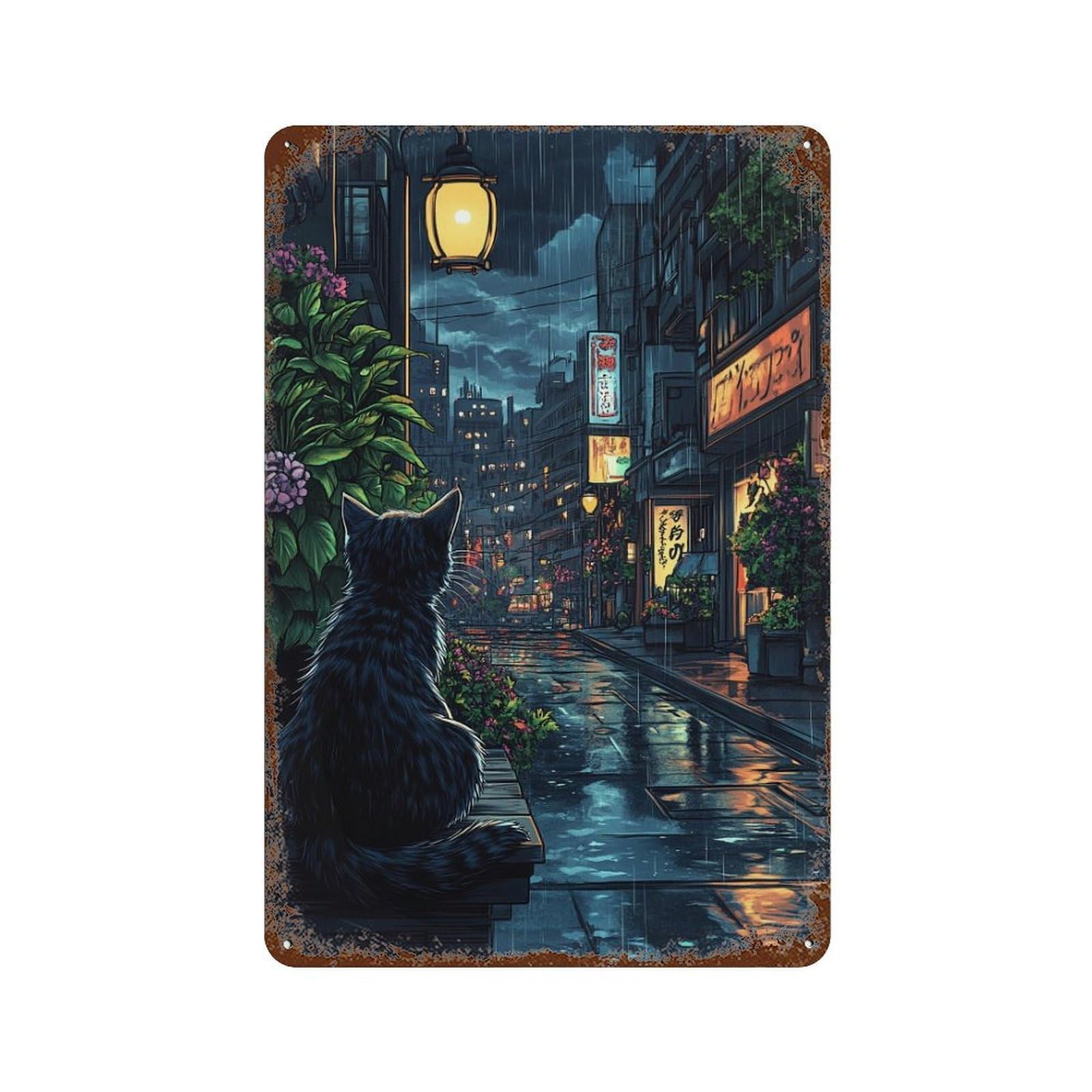 Garage Style Rainy Night in Tokyo Vintage Rust Metal Sign 11.8"x7.9", Novelty Wall Decor for Bar And Workshop
