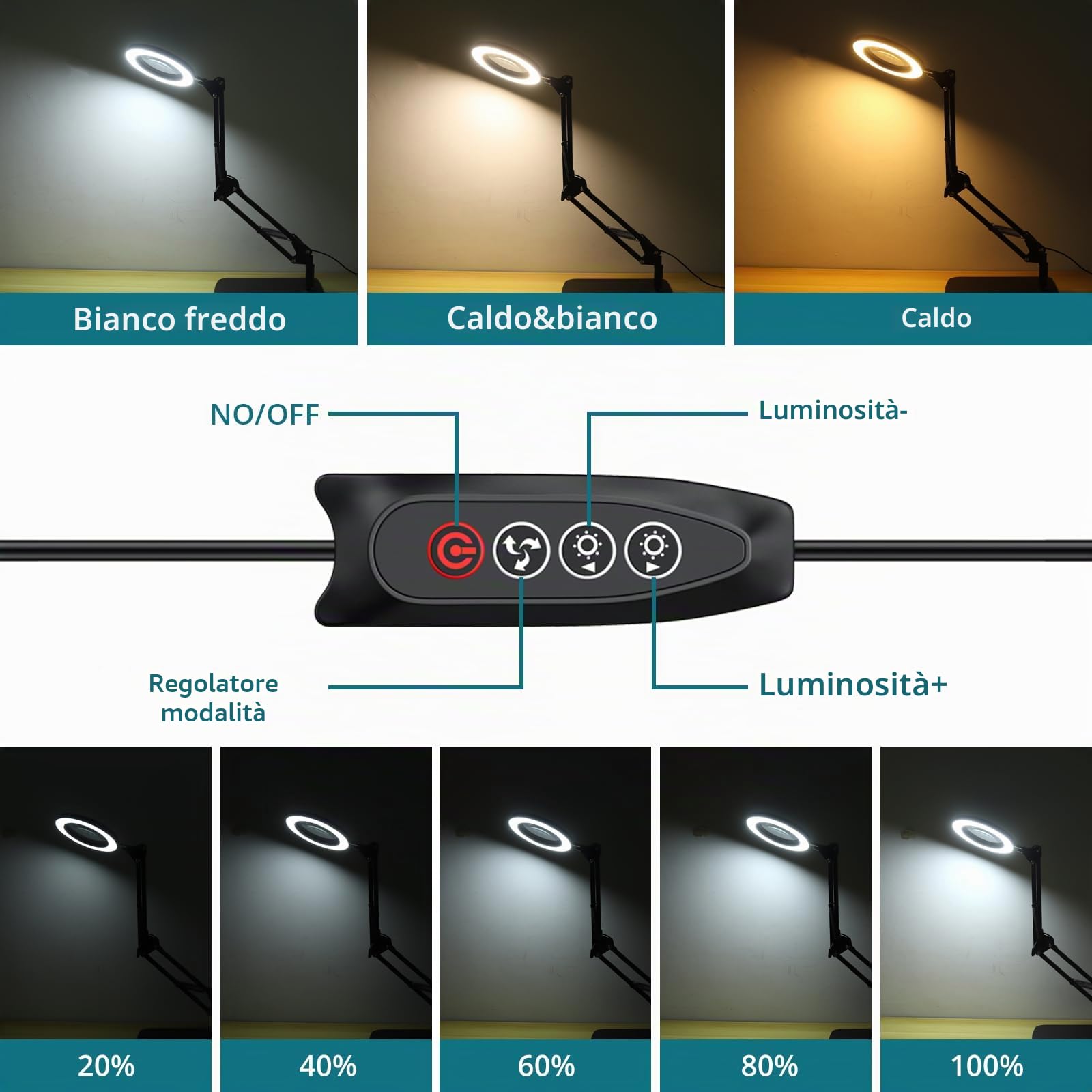 2 in 1 Lampada con Lente d'Ingrandimento - 8X Lampada da Scrivania con Braccio Orientabile e Base, 72 LED Dimmerabili per Lavoro, Riparazione, Estetista,Trucco, Lettura e Cucito