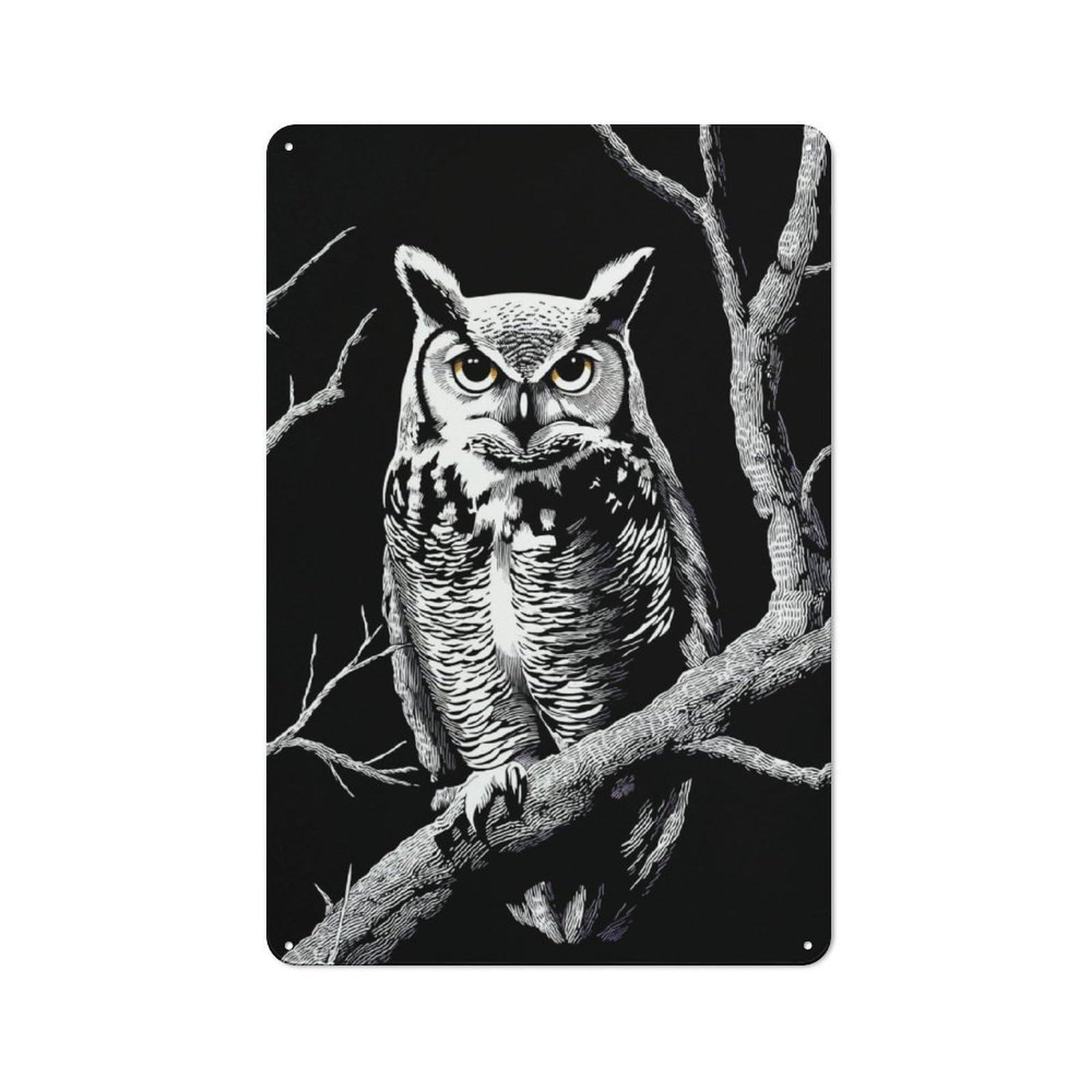 Junmoney Great Horned Owl In Nighttime Setting Distressed Look Decorative Tin Sign 30X20cm, Retro Room Decor For Lounge, Study, Pub Or Wall Gallery