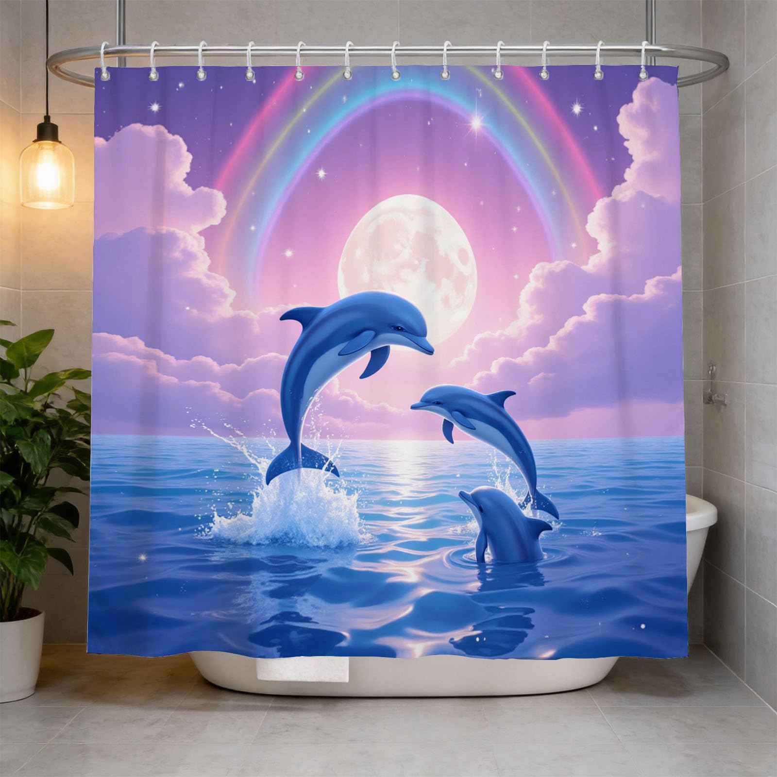 Hongduo 3D Dolphin Shower Curtain for Stalls Bathtubs Painting Bathroom Decor Shower Curtain Set Polyester Fabric Waterproof 200x200cm/79X79 Inch with Hooks
