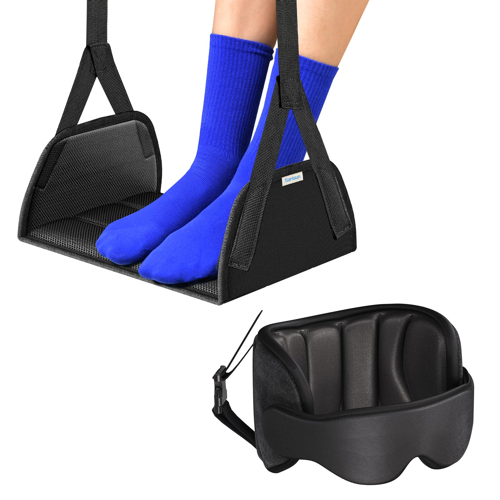 SARISUN Kit Viaggio Aereo 3 in 1 – Cuscino da Viaggio con Supporto per la Testa, Maschera per Dormire 3D, Amaca Poggiapiedi Anti-Cedimento, Essenziali Portatili per Voli Lunghi e Auto