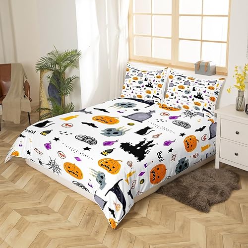 Miniatura 9 de Feelyou Juego de funda de edredón de Halloween, tamaño Queen con 2 fundas de almohada, decoración de Halloween, juego de ropa de cama de fantasma,