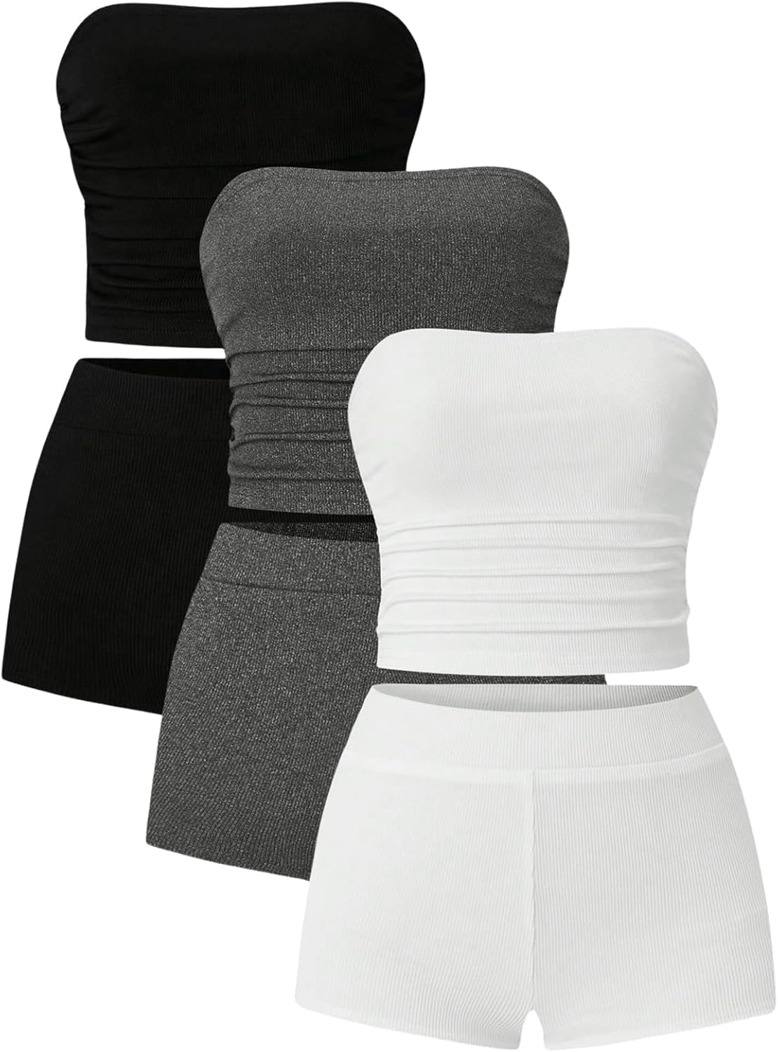 Women's 3 Pack Going Out Outfits Y2k Ruched Strapless Crop Tube Top and Shorts Matching Sets Streetwear