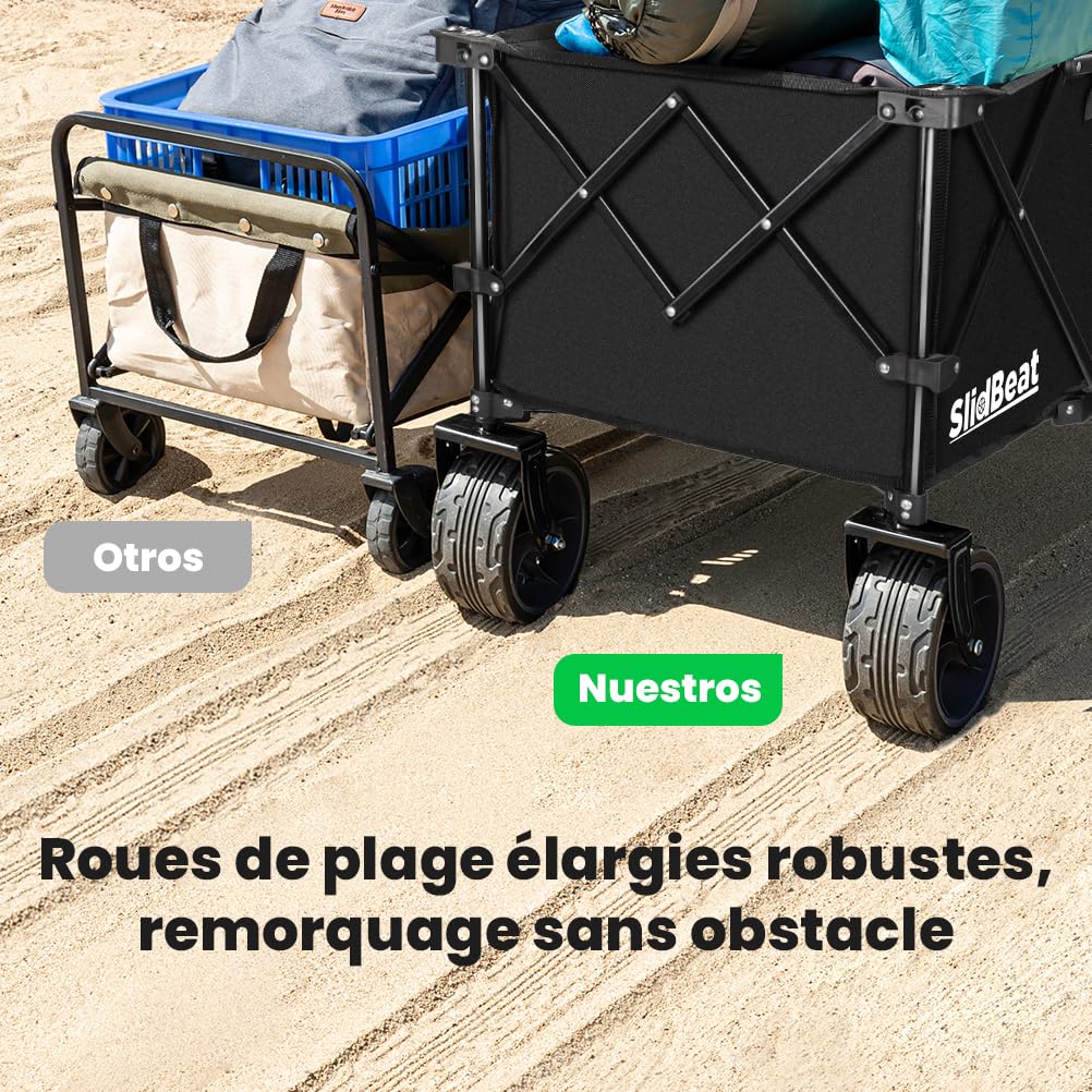 SLIDBEAT Chariot Tout Terrain Pliable - 226kg Capacité 300L, Roues XXL 18cm, Chariot Plage avec Freins, Structure Triangulaire Renforcée, Toile 600D Imperméable - Pour Plage, Camping, Peche, Transport