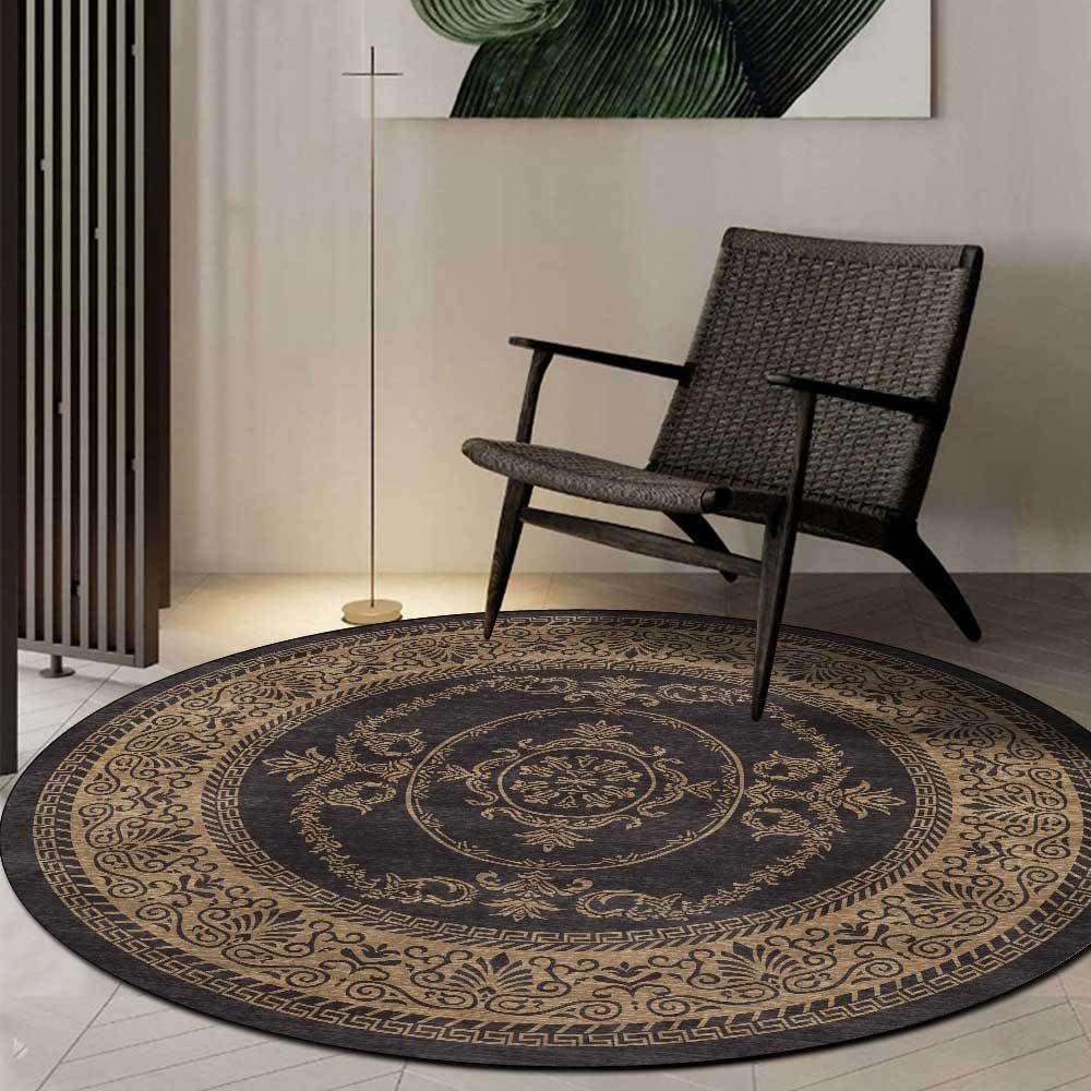 GUGJHFVH Round Large Area Rugs ø 150 cm Bedroom Living Room Office Studio and Indoor Decoration Non-Slip Washable Rugs Vintage Carpet Abstract Floral Brown