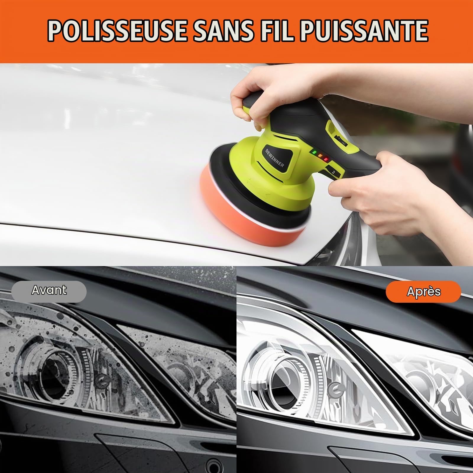 DEWINNER Polisseuse Voiture Professionnelle, Machine à Polir Variable à 6 Vitesses, 2*2A Batterie, 26 accessoires de polissage Rotative 5000rpm, Pour Le Polissage, Cirage, Ponçage