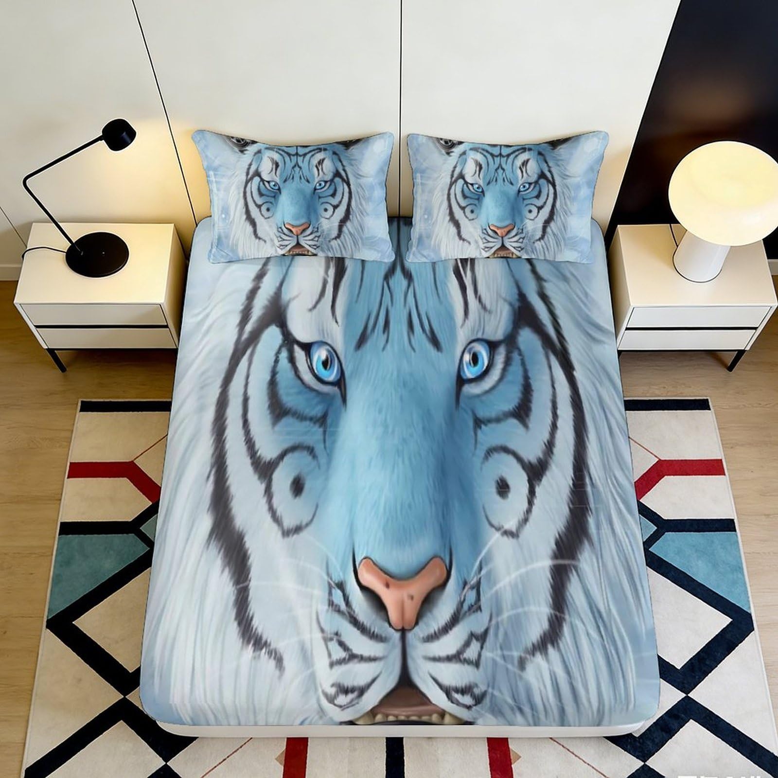 3D Printed Blue Tiger Fitted Sheet, Soft Touch Microfiber, Wrinkle Resistant, Home Bedroom Decor, Bed Cover, Apartment Bedding, Easy Care, Durable, Guest Room Use, 180x200x25cm