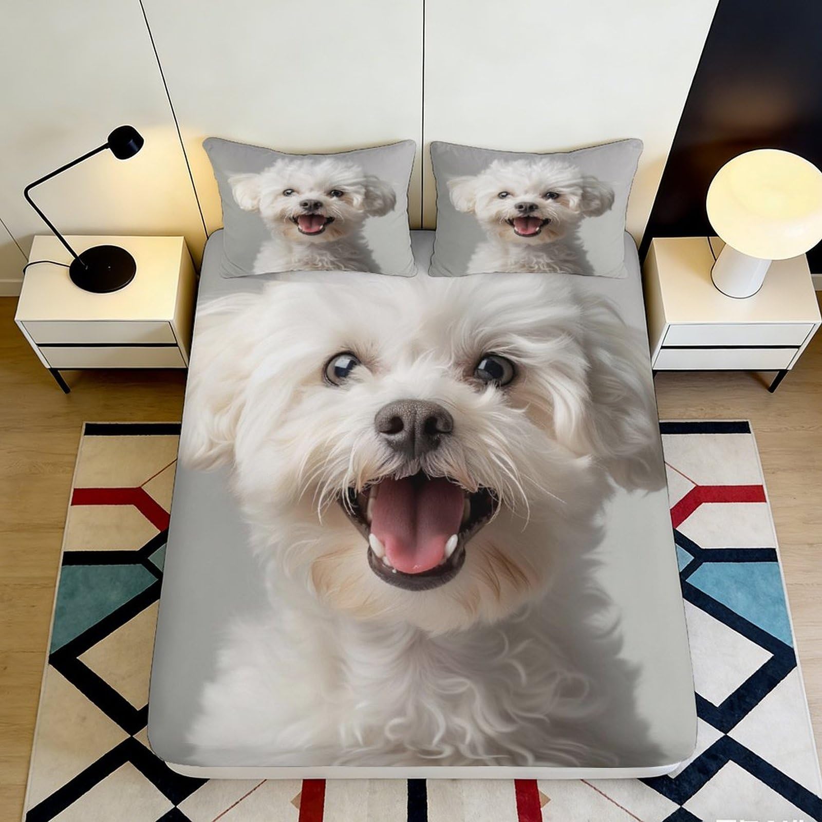 3D Printed cheerful dog Fitted Sheet, Microfiber soft touch, wrinkle resistant, apartment bedding, bedroom decor, bed cover for guest room 90x200x25cm
