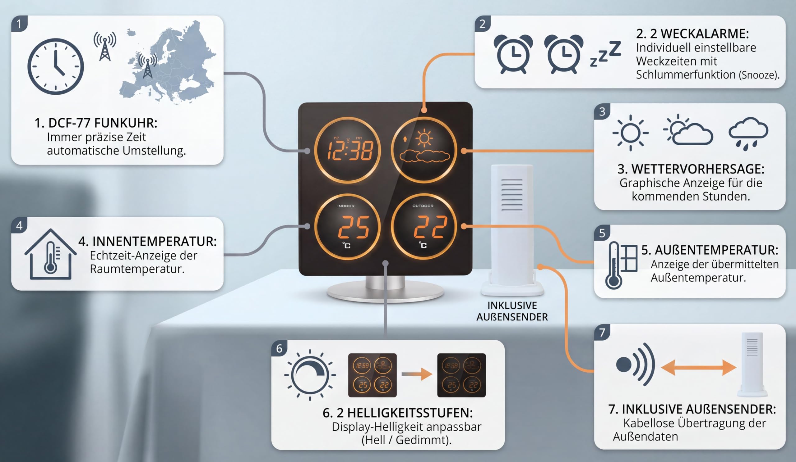 techno line WS6830 Wetterstationen inklusive Außensender, Anzeige von Innentemperatur und Außentemperatur über Funk, Wettertendenz, Betrieb mit Netzteil, LED Anzeige in orange, schwarz