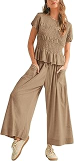Womens 2 Piece Smocked Top Wide-Leg Pants Set High-Waisted Lounge Outfit with Pockets Casual Boho Matching Set