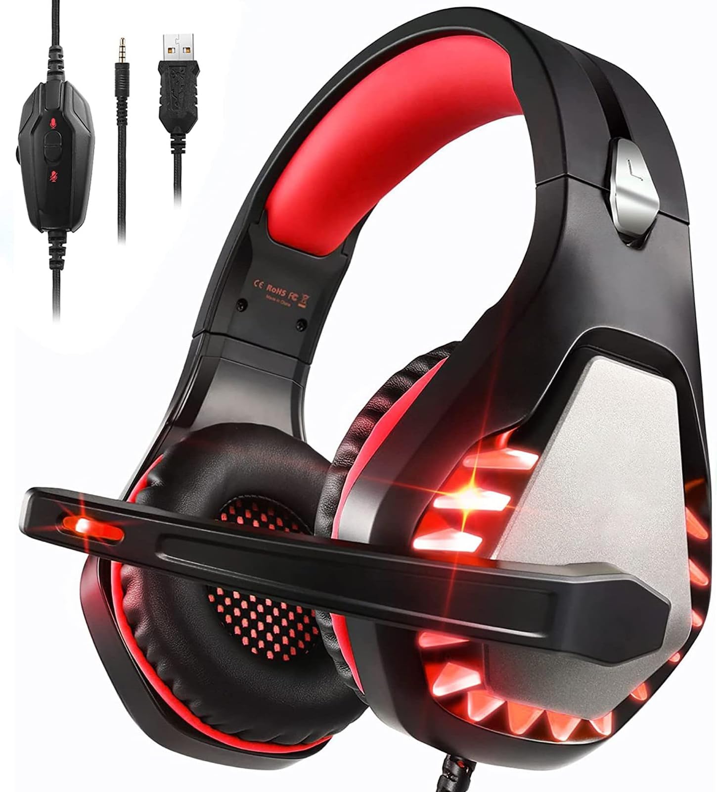 GH-1 Gaming Headset with Mic for Ps4/Ps5/Xbox One, Noise Canceling Headset with Stereo Microphone Sound, Computer Headset with 3.5mm Jack & RGB Light