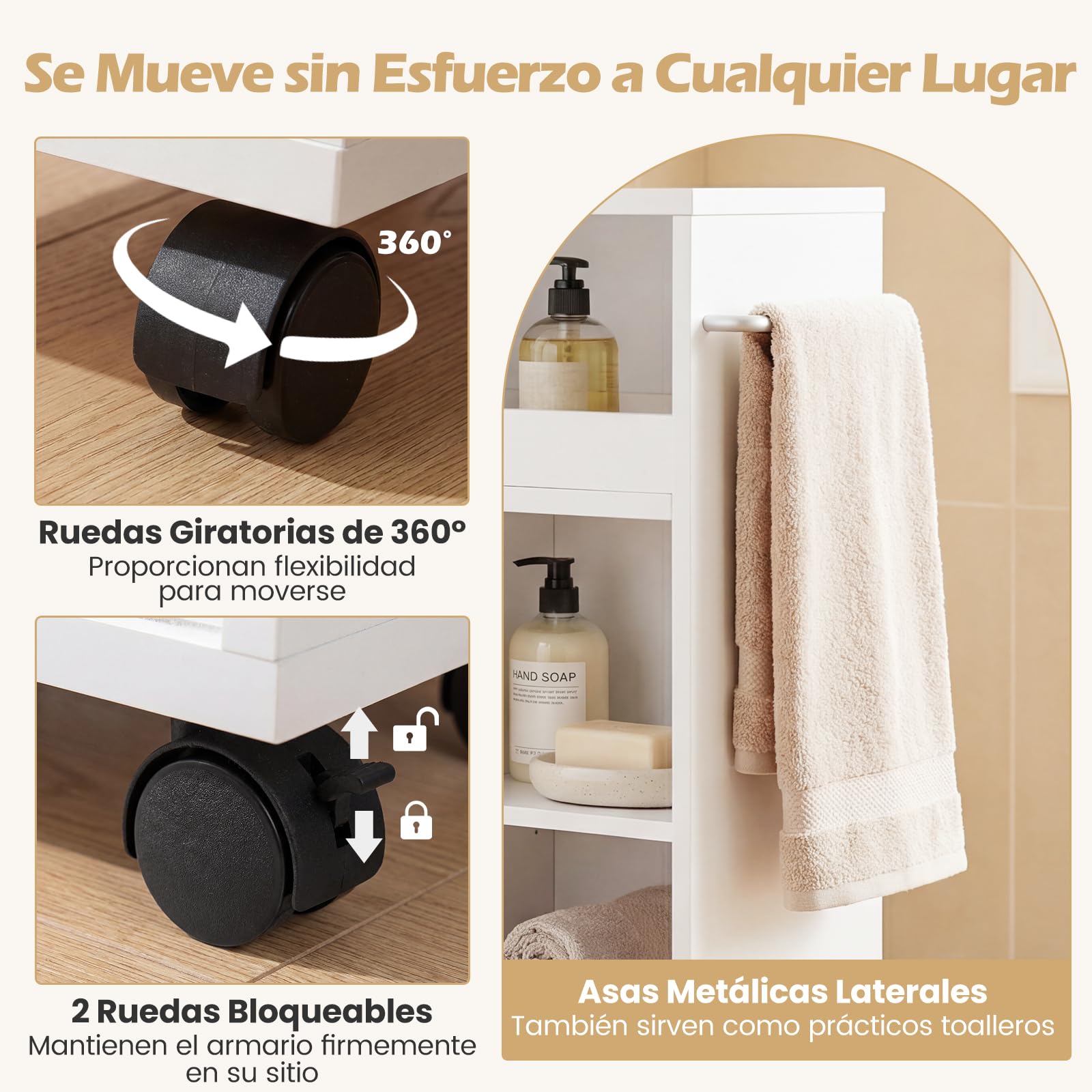 COSTWAY Armario de Baño con Ruedas, Carrito Delgado Lateral con Estante Ajustable y Toalleros, Puertas Correderas, Unidad de Almacenamiento Independiente para Sala, Cocina Entrada, Blanco, 75x20x72 cm