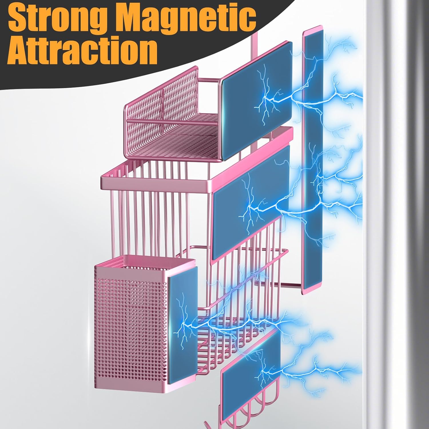 Magnetic Spice Rack for Refrigerator, 7 Pack Metal Magnetic Shelf, Moveable Magnetic Storage Fridge Organizer Pink, Spice Organizer, Hook Rack, Paper Towel Holder, Cutting Board Holder, HM5470