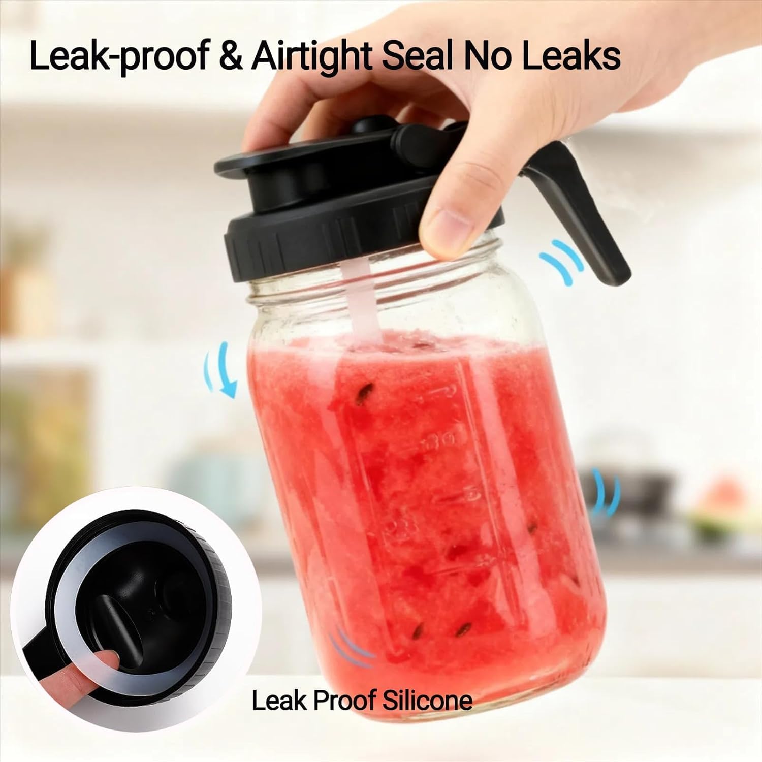 6 Pack Wide Mouth Mason Jar Pour Spout Lids with Handle Airtight Leak-Proof BPA-Free Plastic Flip Caps for Drinks, Oats & Salad Dressing