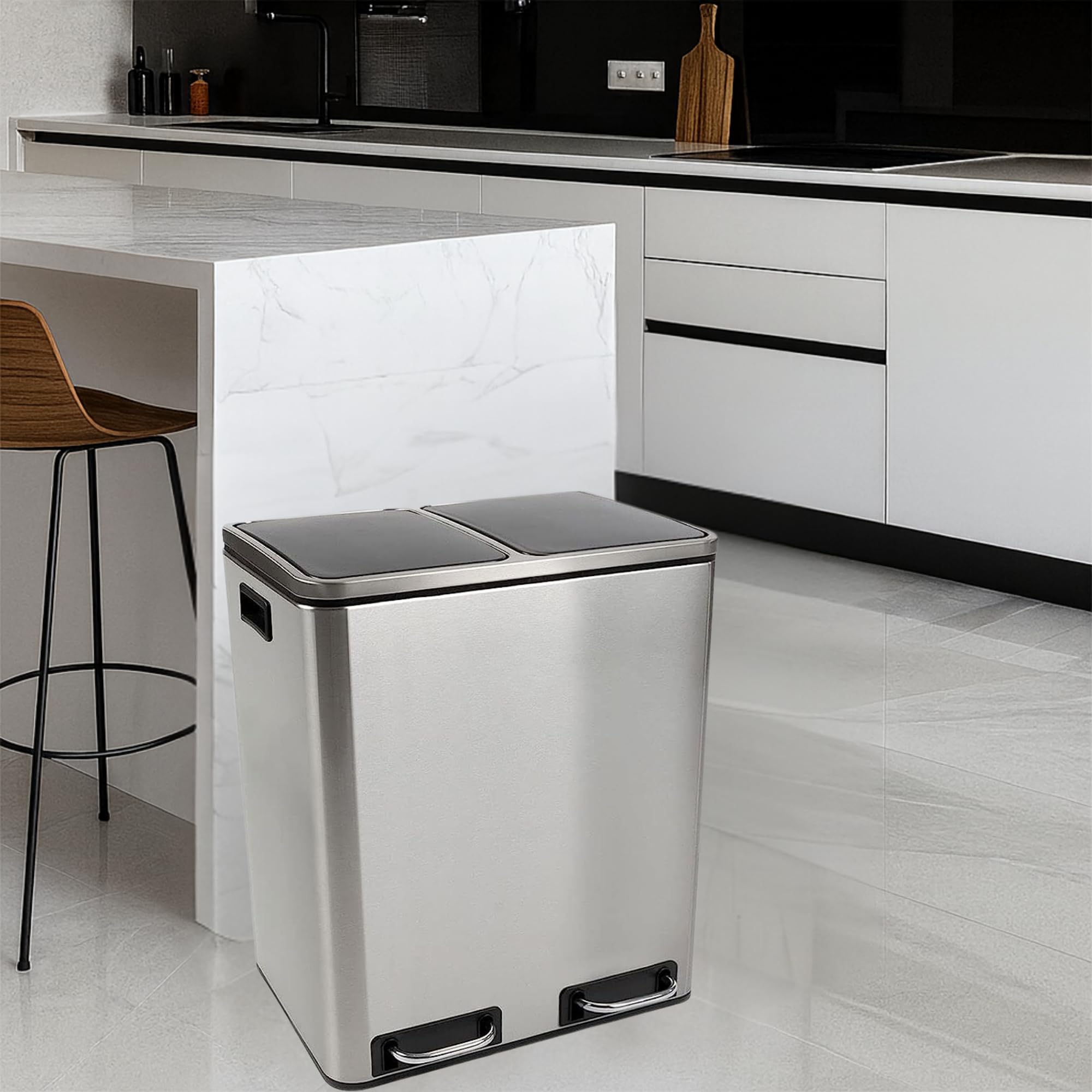 casa pura Mülleimer Küche 2×15L Edelstahl | 2-Fach Mülltrennsystem, Treteimer Küche, Metall, Soft-Close, luftdicht, Kunststoff-Inneneimer, Klappdeckel – (Felix)