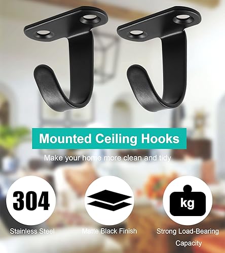 Miniatura 3 de 12 ganchos de techo de acero inoxidable para colocar debajo del estante para toallas, ganchos resistentes para cocina, armario, armario, baño (negro