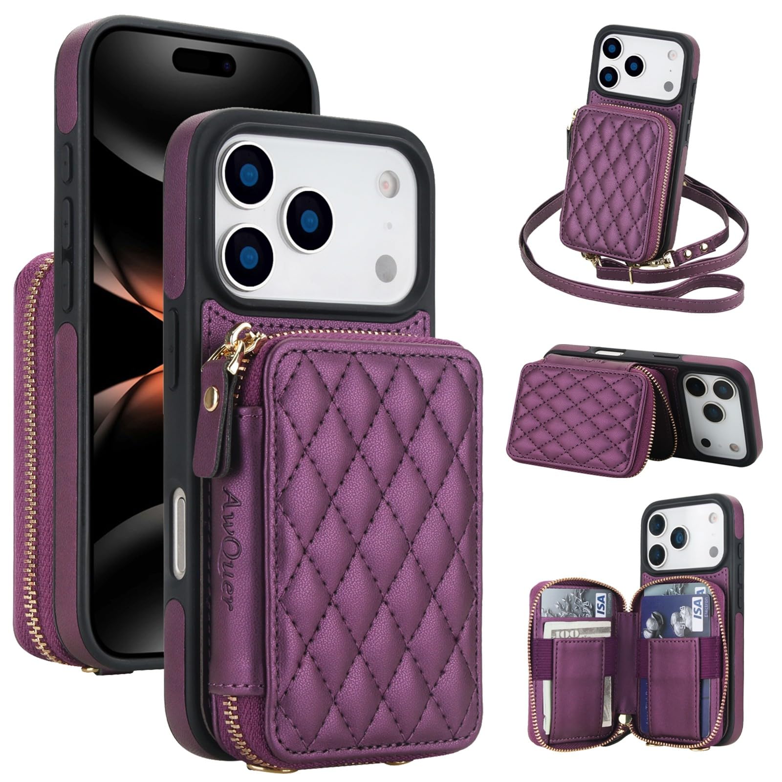 Housse en cuir pour iPhone 15 violet élégant avec sa bandoulière - 8