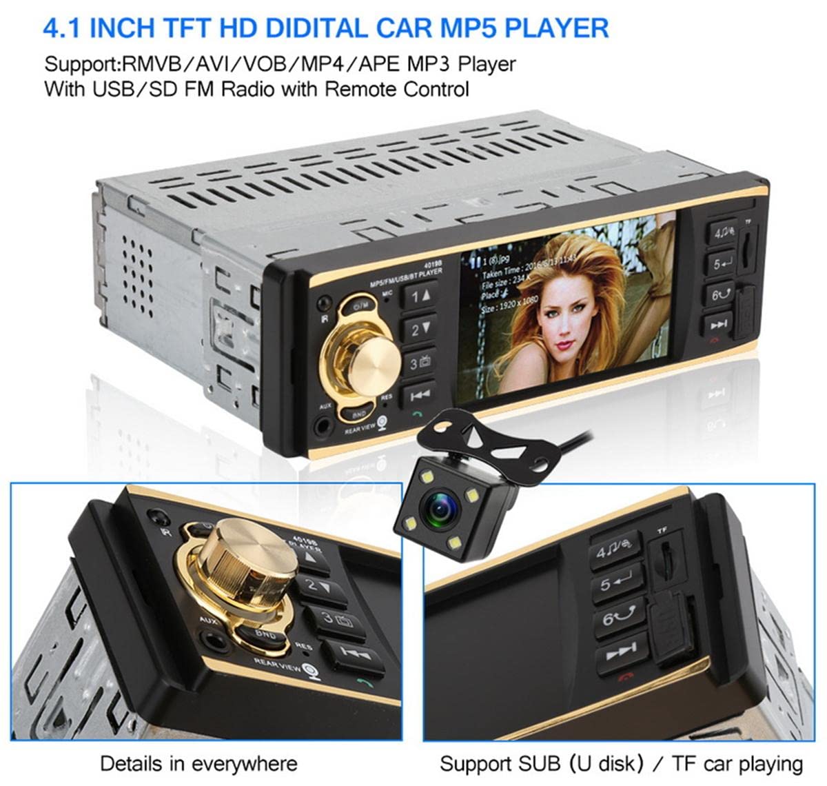4.1 cal 1 Din Radio samochodowe Audio Stereo 1Din USB Radio AUX FM Stacja Bluetooth z kamer? cofania Pilot zdalnego sterowania