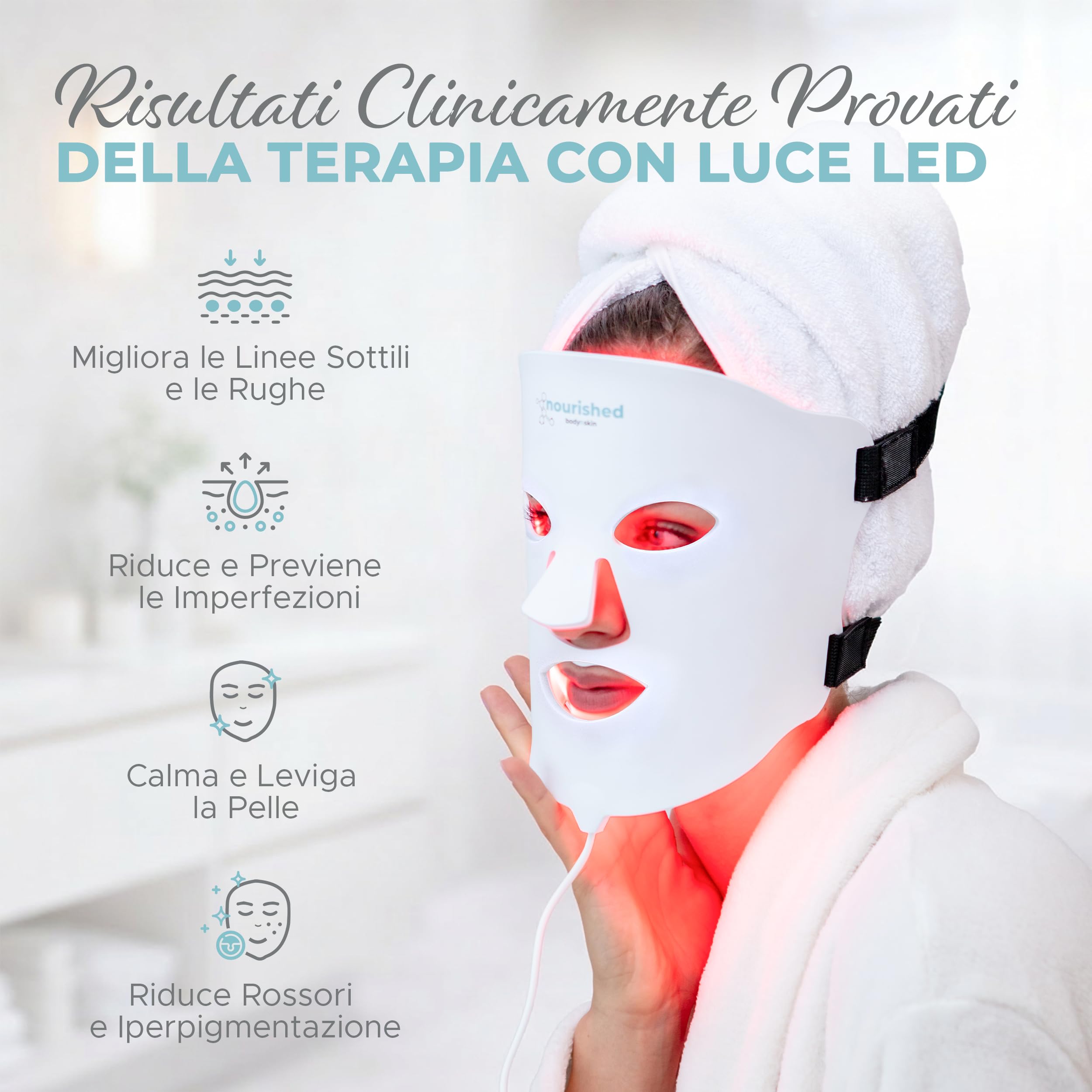 Nourished Bodynskin Maschera di Terapia con Luce LED per Viso & Collo - Dispositivo per la Cura della Pelle del Viso - 7 Colori Rosso & Blu - Ringiovanimento, Prodotto Anti-invecchiamento per le Rughe
