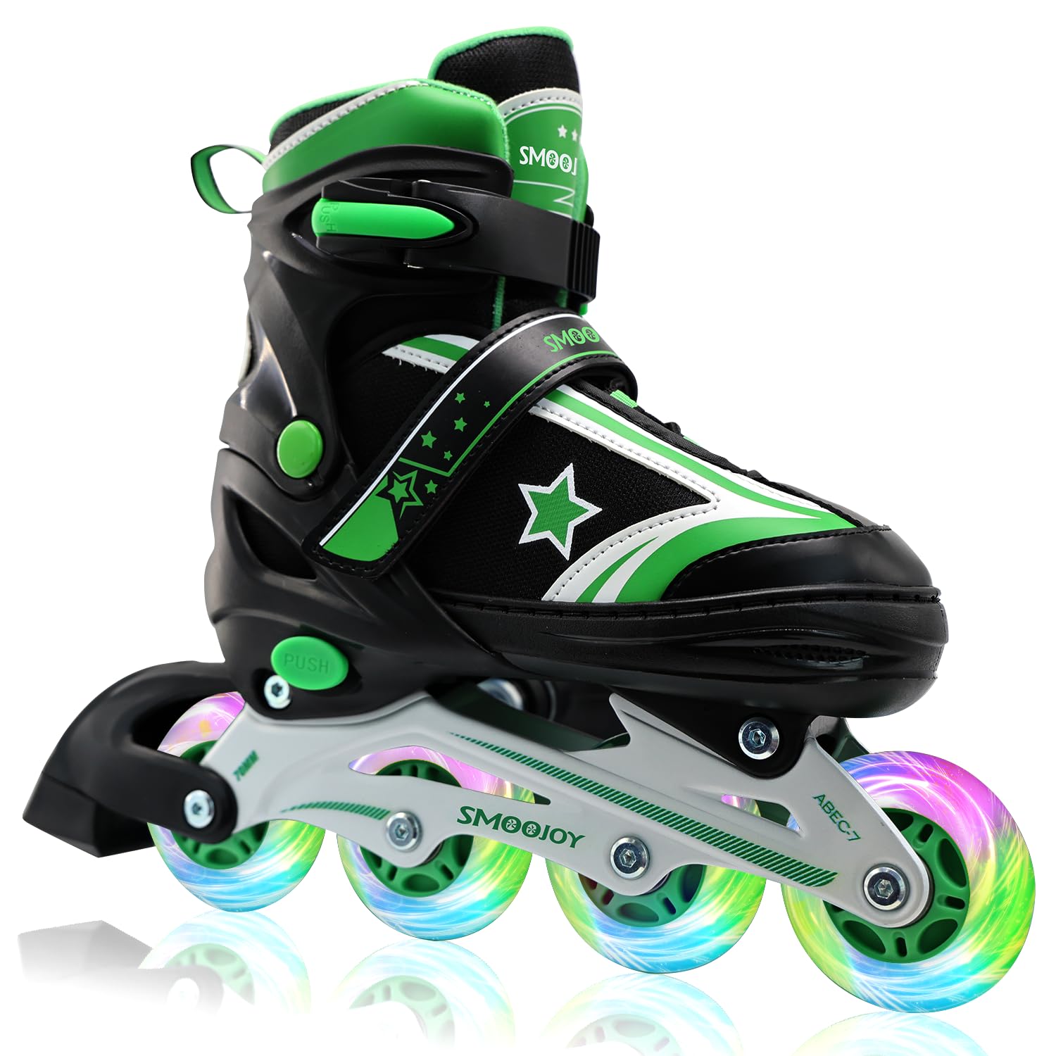 SMOOJOY Kids Inline Skates for Boys, Girls and Youth, All Light-Up Wheels Aluminum Frame Blade Black Green Skate for Beginners Ages 8-12, Perfect for Indoors and Outdoors