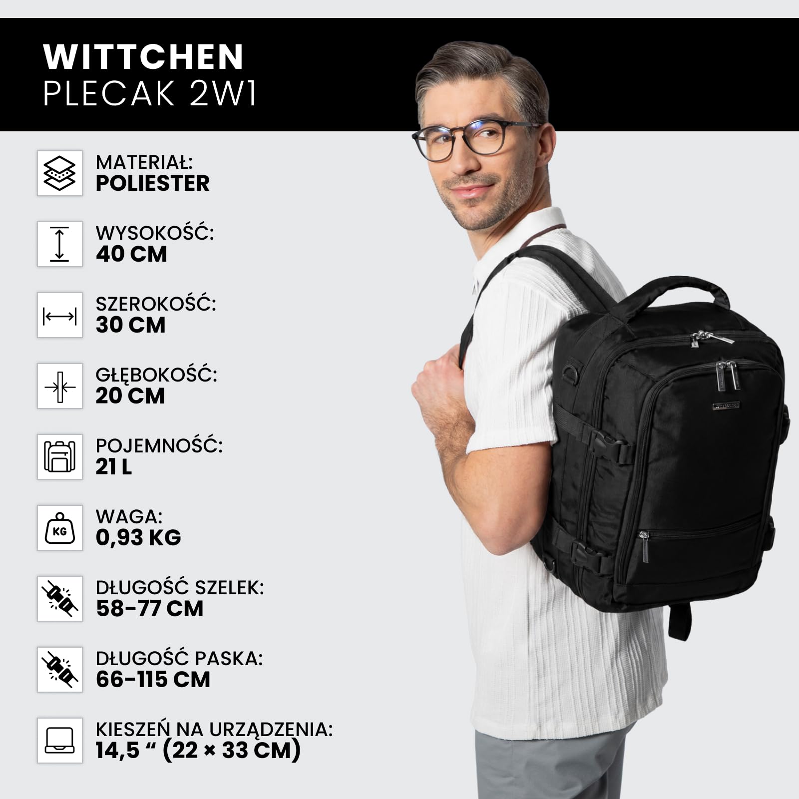 WITTCHEN Wielofunkcyjny Plecak Torba Podróżna 2w1 Czarny, Bagaż Podręczny 40x30x20 cm, Plecak do Samolotu z Kieszenią RFID i Przegrodą na Laptopa 14,5”, Poliester