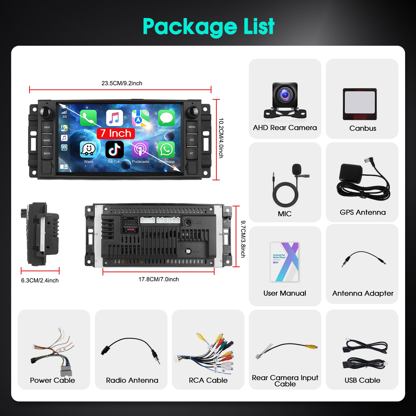 Autoradio für Epica Sebring 300C Jeep Patriot Dodge Challenger, 7'' Radio Stereo Android 15 Carplay Android Auto Radio 2G+64G, DAB+ OBD2, EQ, GPS, WLAN, 720P AHD Rückfahrkamera, Mikrofon