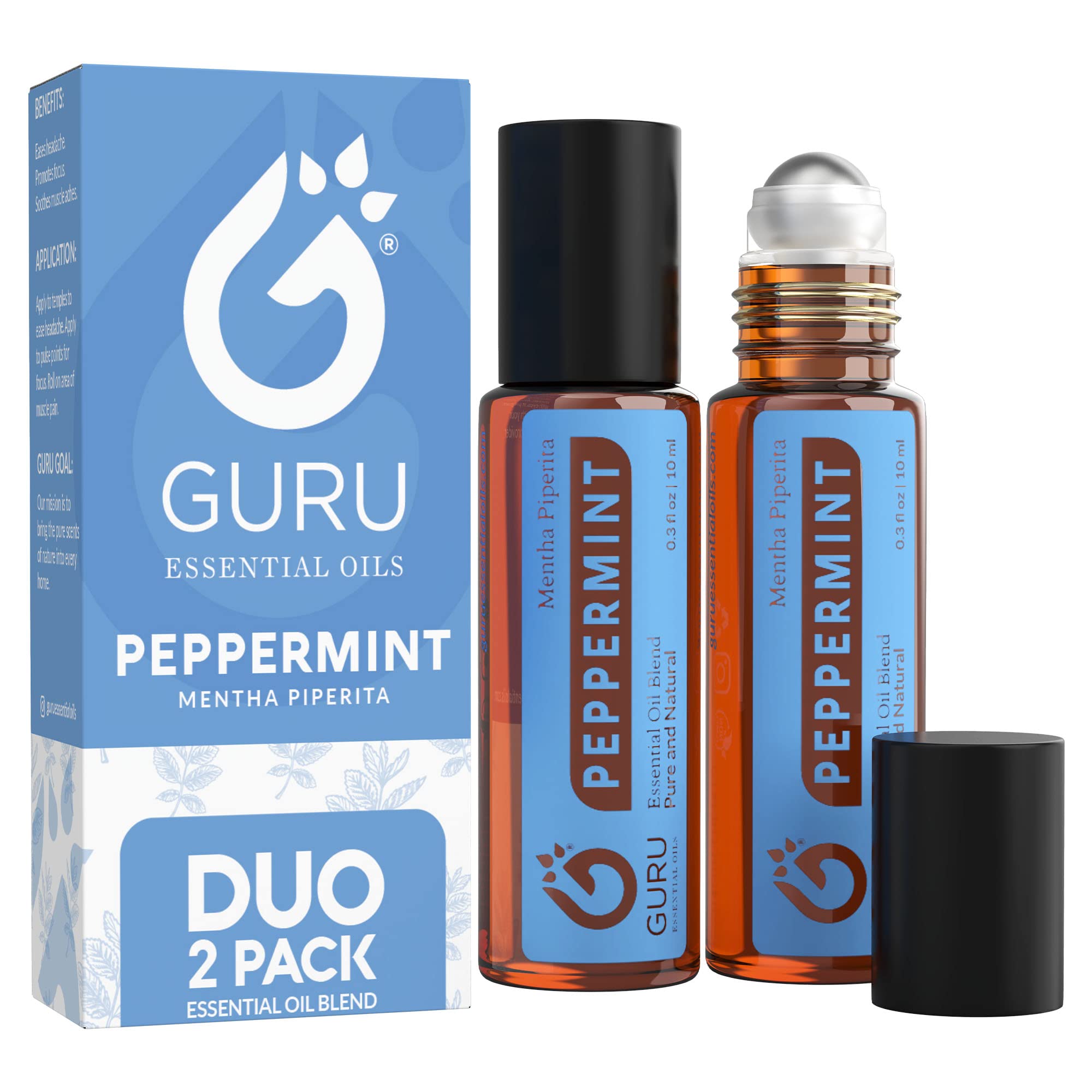Peppermint Essential Oil Roll Ons (2 Pack) - Soothes Head Tension & Aches, Cooling Relief - Premium Therapeutic Grade Aromatherapy Rollers