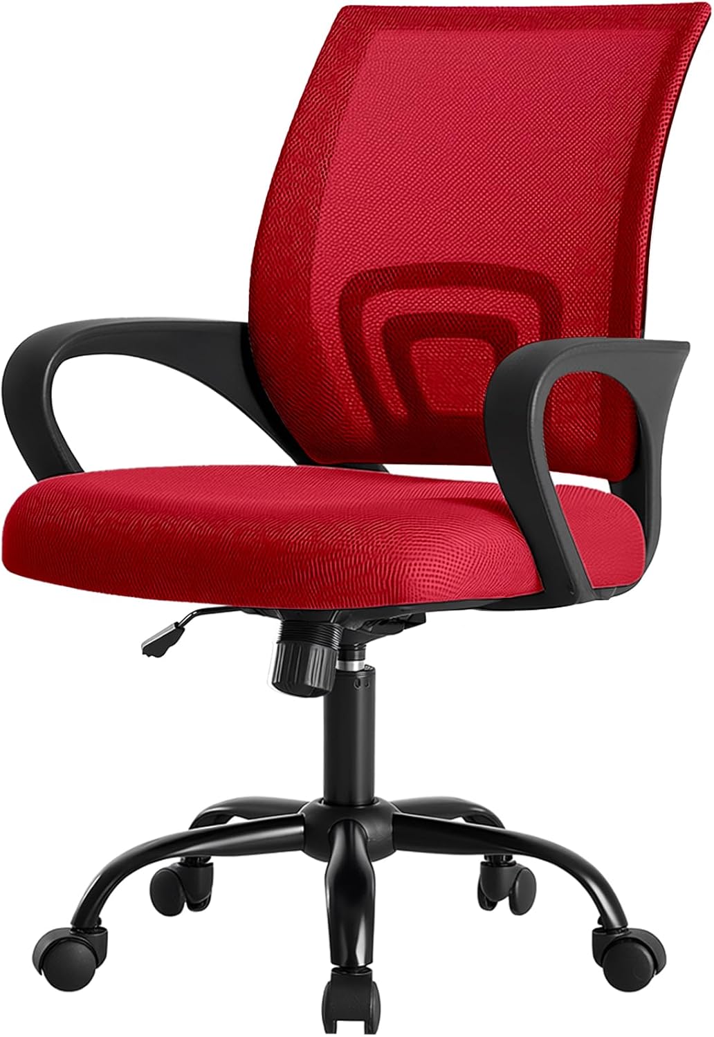 DUMOS Home Office Chair - Ergonomic Mid Back Mesh Desk Chair with Lumbar Support & Rocking Mode, Height Adjustable with Fixed Armrest, for Computer, Gaming, Meeting, 360° Swivel, Red