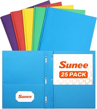 SUNEE 2 Pocket Folders with Prongs 25 Pack, Assorted Colors, Paper Folders with 2 Pockets and 3 Prongs Fit Letter Size Paper, Folders with Prongs for School Office Home Business