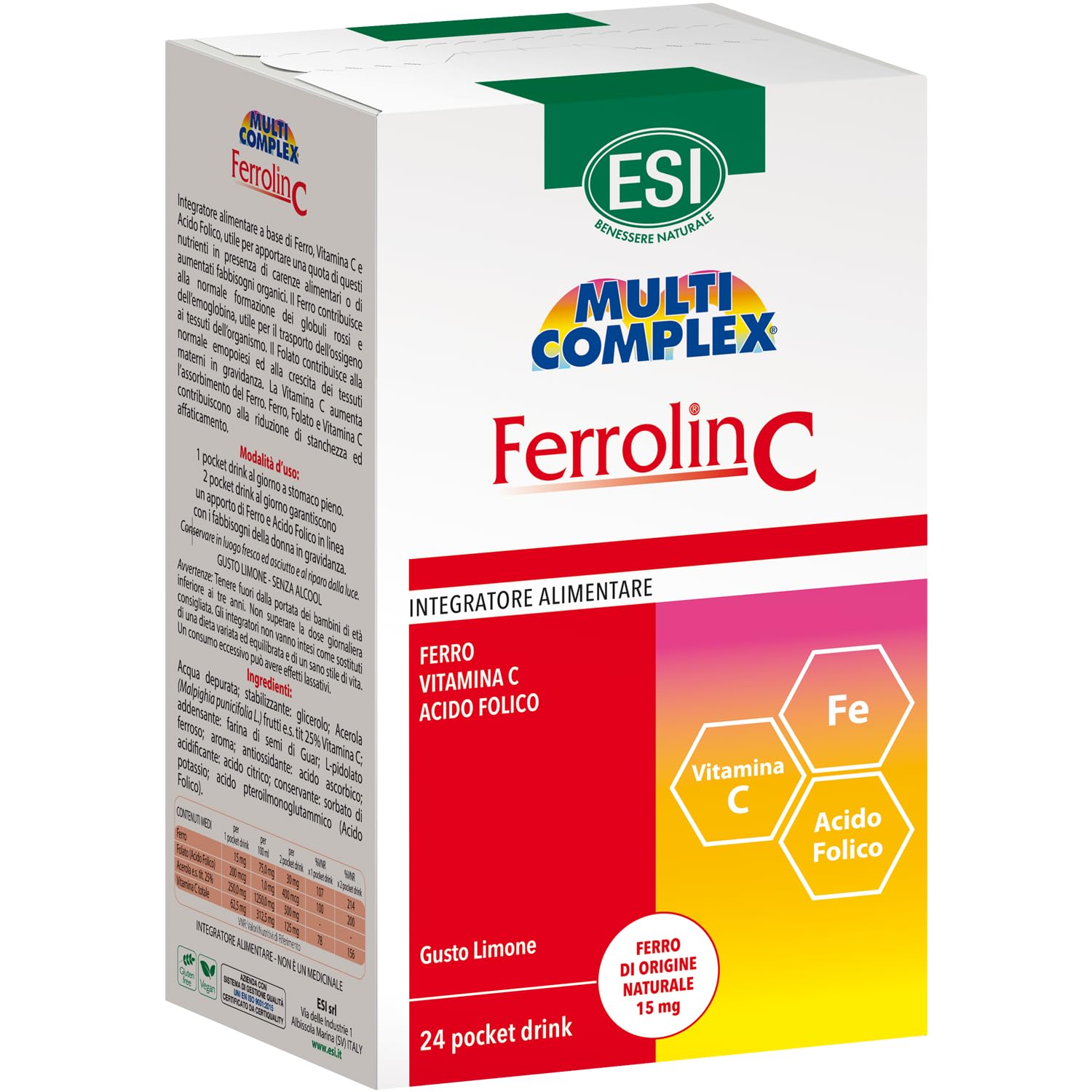 ESI - Multicomplex Ferrolin C, Integratore Alimentare di Ferro, Utile in Caso di Carenza, Contrasta la Stanchezza e Contribuisce allo Sviluppo di Globuli Rossi, Senza Glutine e Vegan, 24 Pocket Drinks