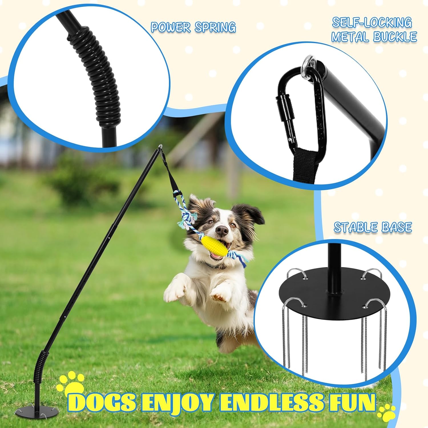 Outdoor Dog Tug Toy Reinforced Spring Rod with Durable chew-Resistant Rope for Independent Play and Interactive Fun in Yards and lawns Adjustable Height for Medium to Large Breeds Black