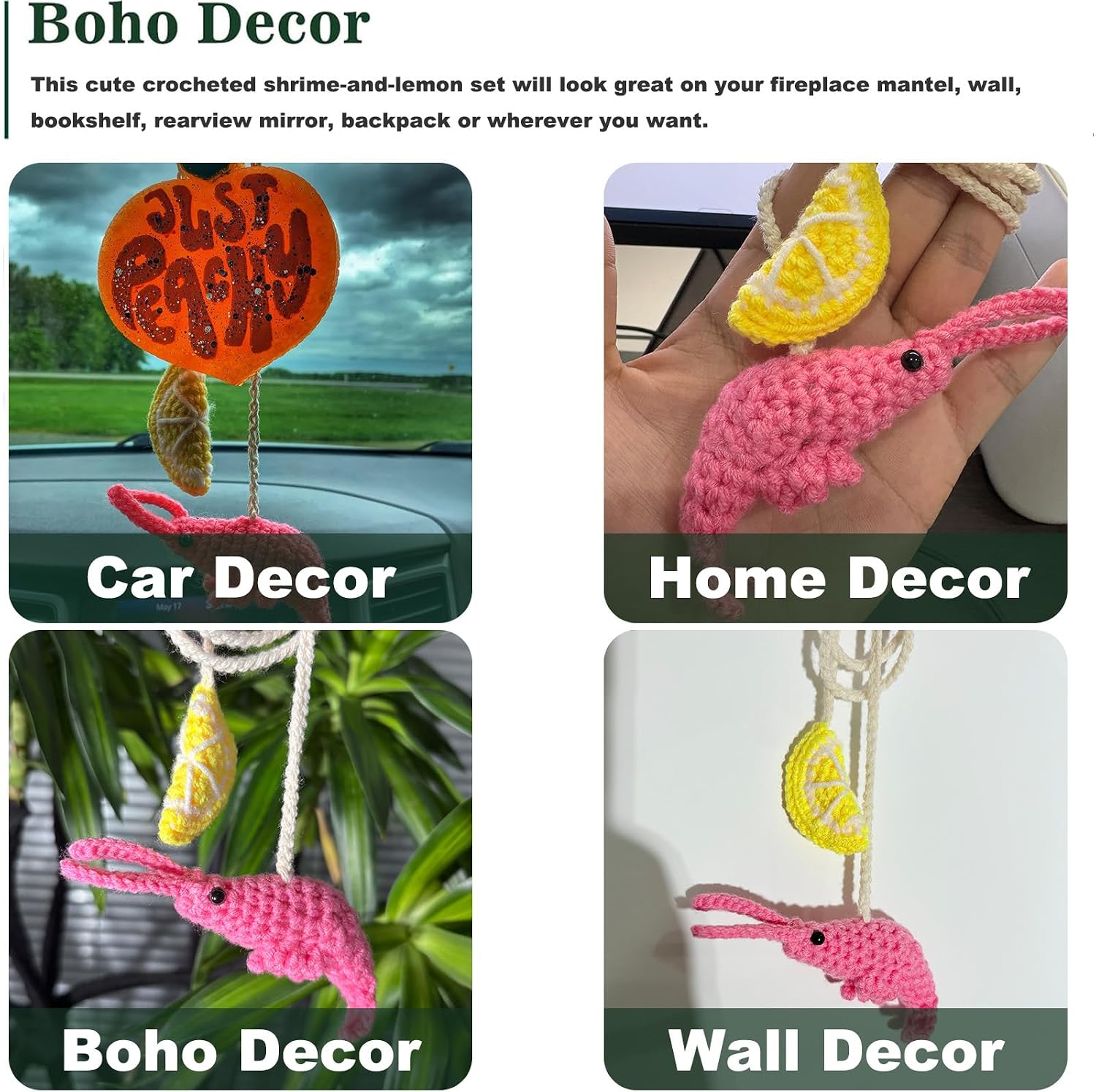 Cute Crochet Cocktail Shrimp Car Decor,Hanging Lemon for Rear View Mirror | Boho Positive Animals Charm,Hand-Made Kitchen Office Ornament Pendant,Funny Interior Aesthetic for Women Men