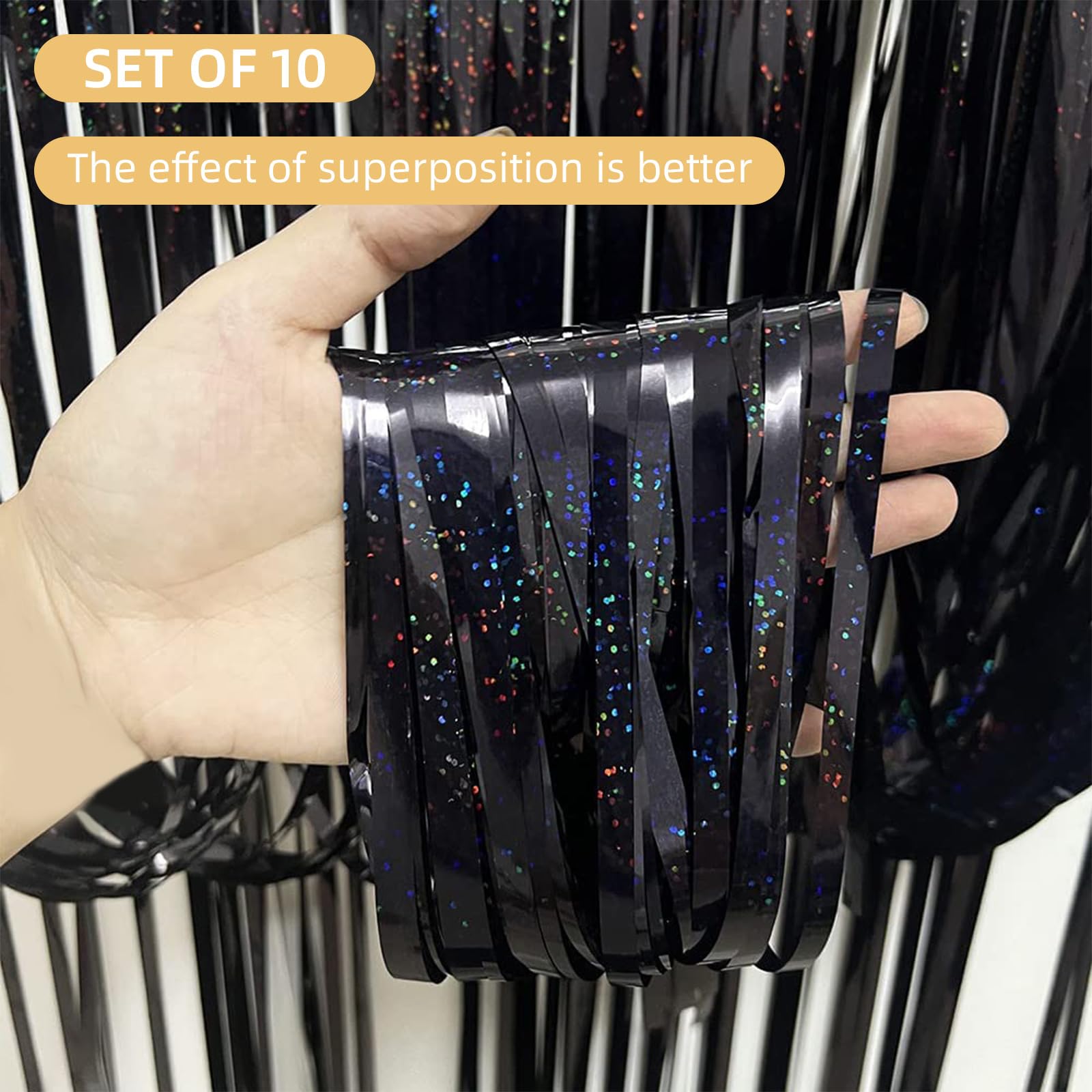 Lot de 10 rideaux de fond noirs à franges métalliques pour décoration de fête d'anniversaire, fête prénatale, fiançailles, mariage, Noël - Noir - 1 x 2,5 m