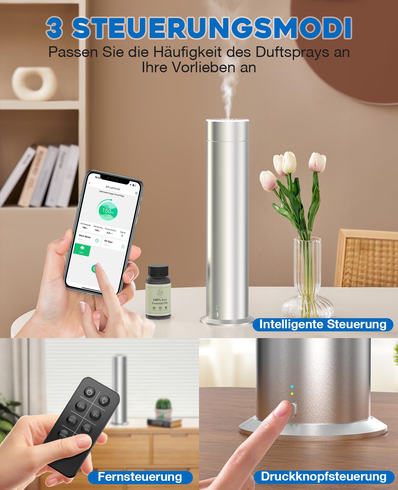 Wasserloser Diffusor Aroma Diffuser Kabellos Diffusoren 150ML Diffuser Ätherische Öle Smart Duftöl Diffuser mit 6 Lichtfarben 4000 mAh Akku 120㎡ Aromatherapie für Zuhause Büro Hotel Bar Yoga