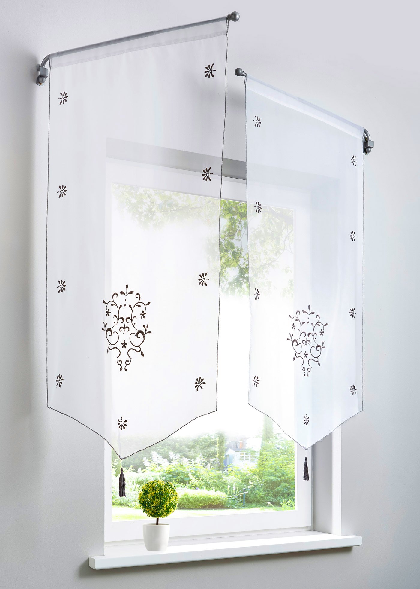 Rideaux Brodés Fleurs Travail Crewel - Plissés Avec Pompons Et Franges - 178x128cm
